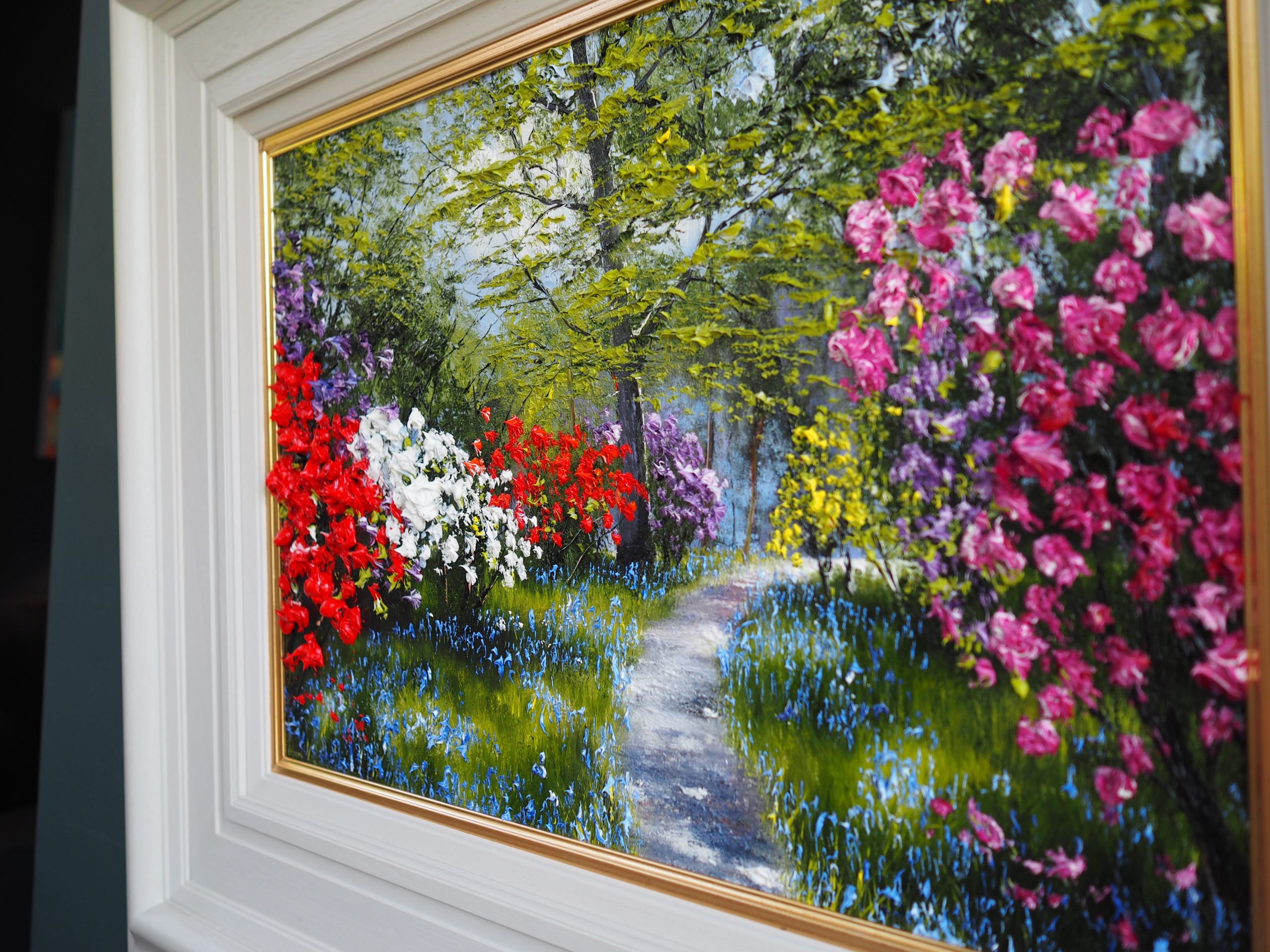 Azaleas, Rhododendron and bluebells oil painting by Mark Eldred for Kilbaha Gallery Irish Art