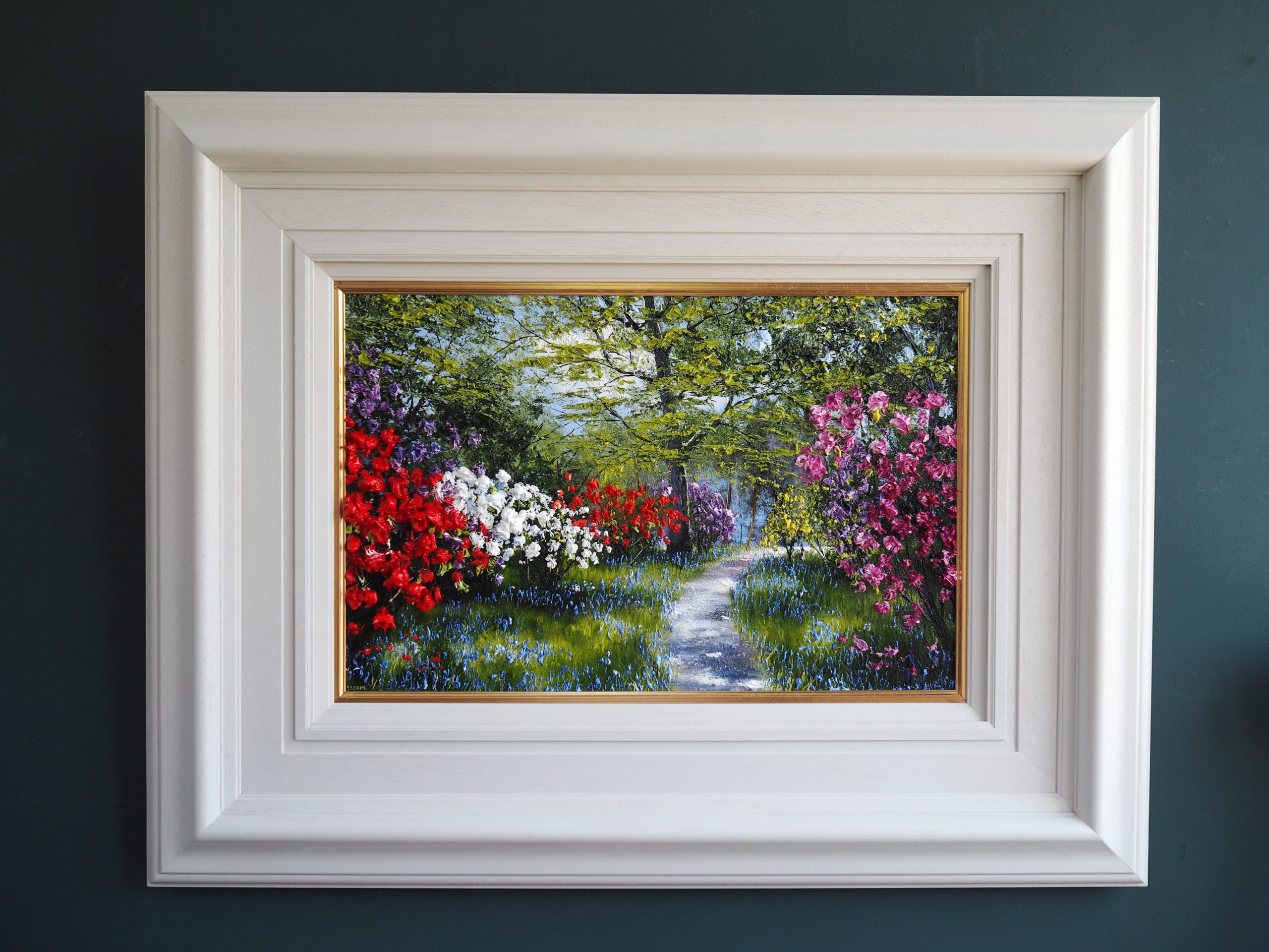Azaleas, Rhododendron and bluebells oil painting by Mark Eldred for Kilbaha Gallery Irish Art