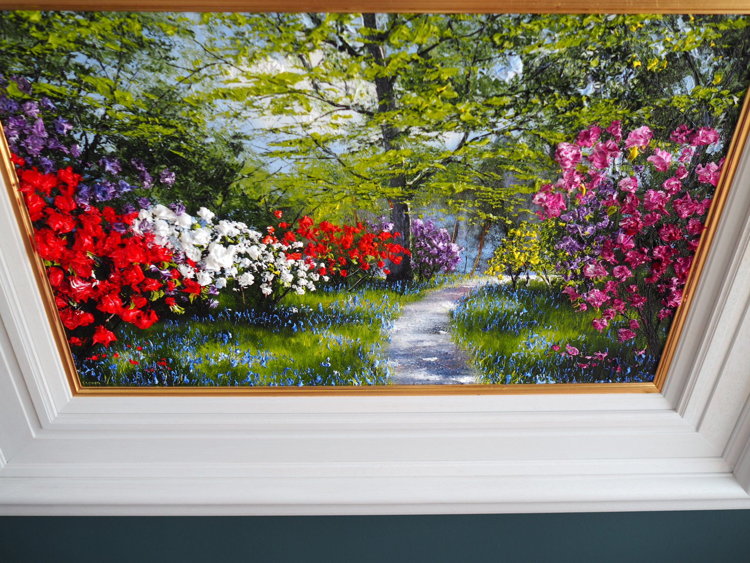 Azaleas, Rhododendron and bluebells oil painting by Mark Eldred for Kilbaha Gallery Irish Art
