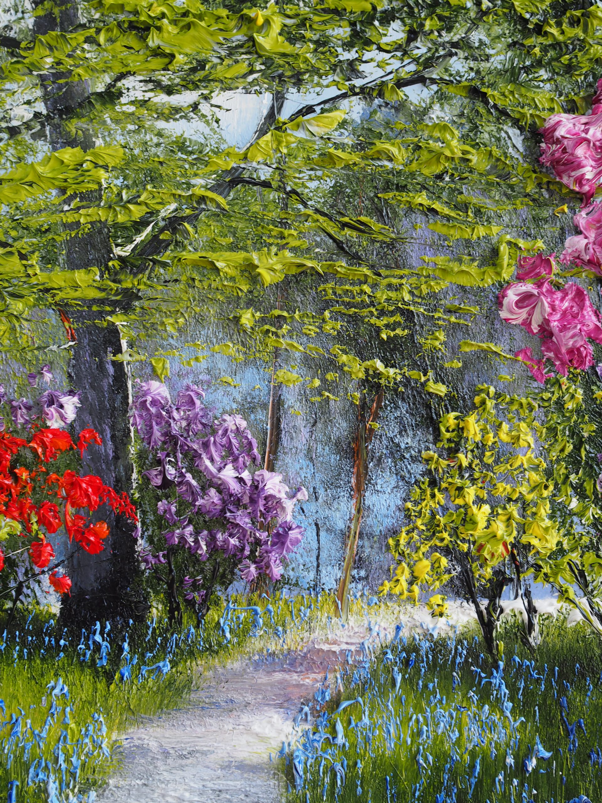 Azaleas, Rhododendron and bluebells oil painting by Mark Eldred for Kilbaha Gallery Irish Art