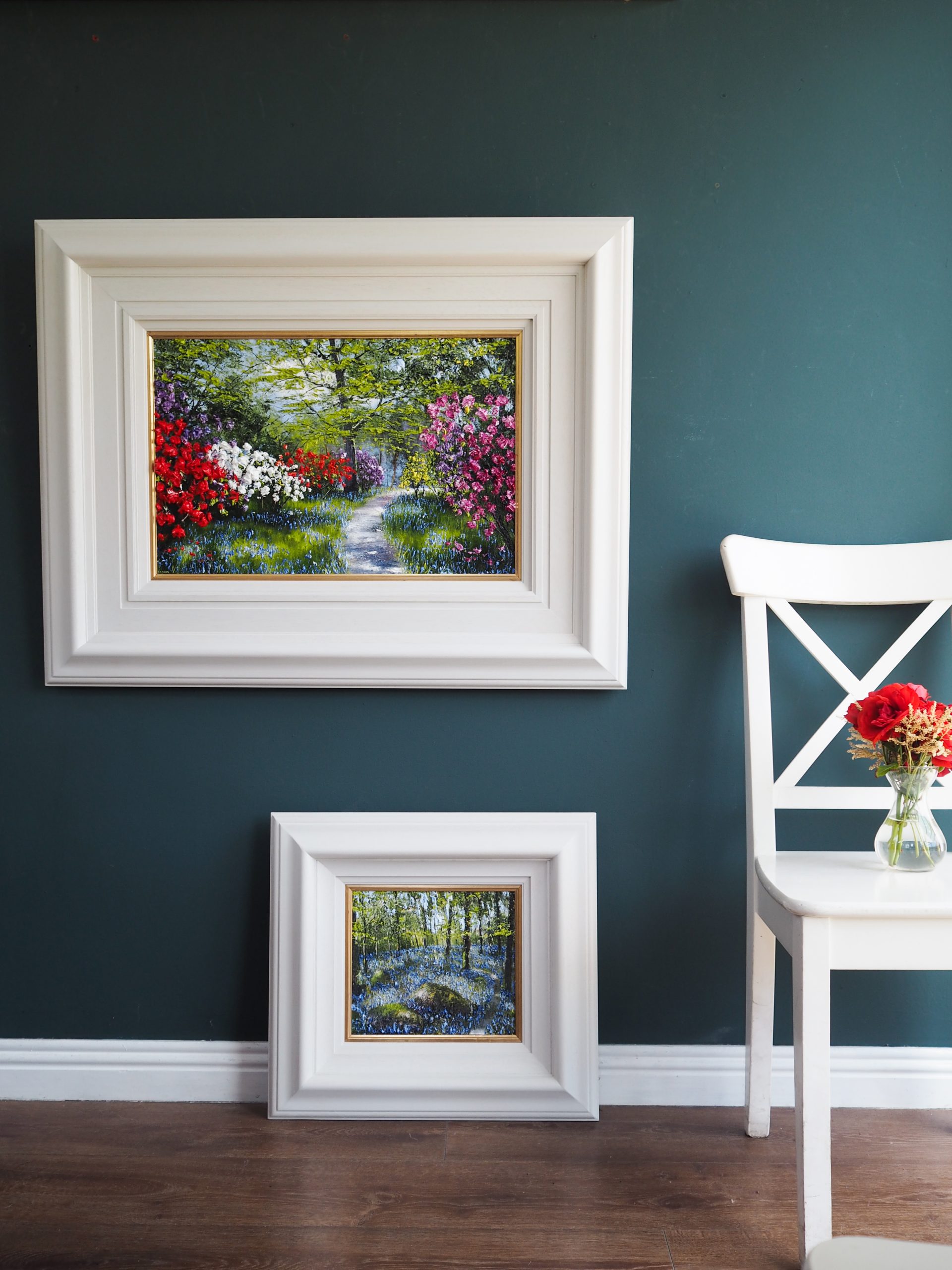 Azaleas, Rhododendron and bluebells oil painting by Mark Eldred for Kilbaha Gallery Irish Art