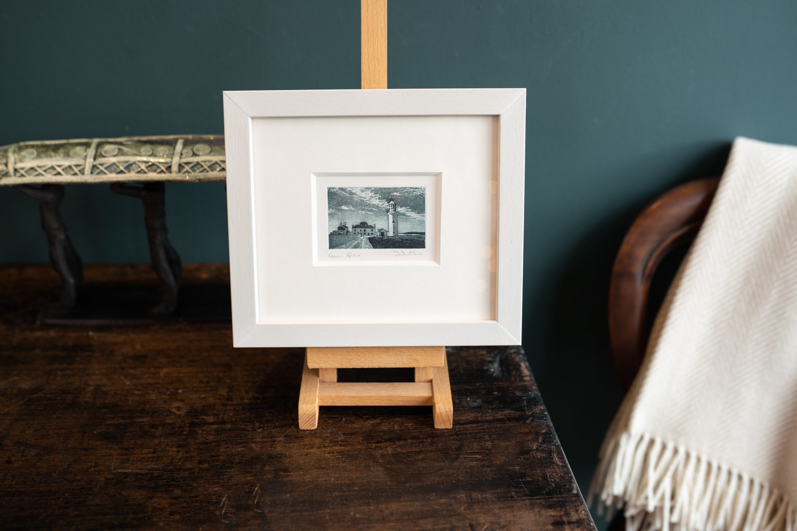 Deirdre McKenna Loop Head Lighthouse Original Etching Print small beautiful Irish art framed Irish gift interiors lighthouse Kilbaha Gallery