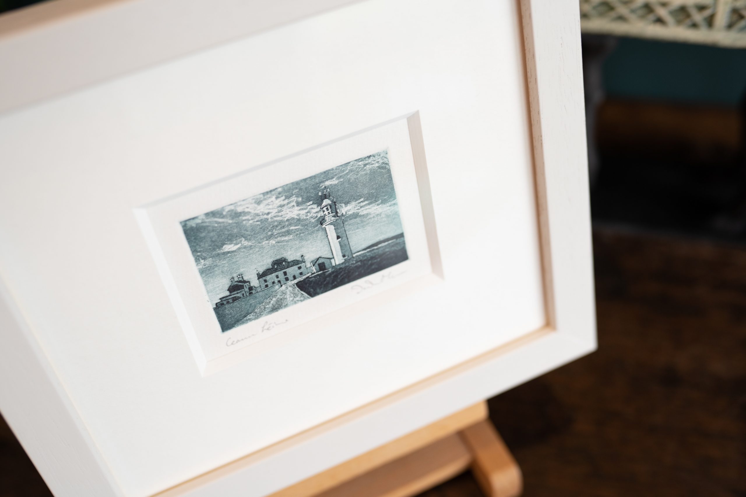 Deirdre McKenna Loop Head Lighthouse Original Etching Print small beautiful Irish art framed Irish gift interiors lighthouse Kilbaha Gallery