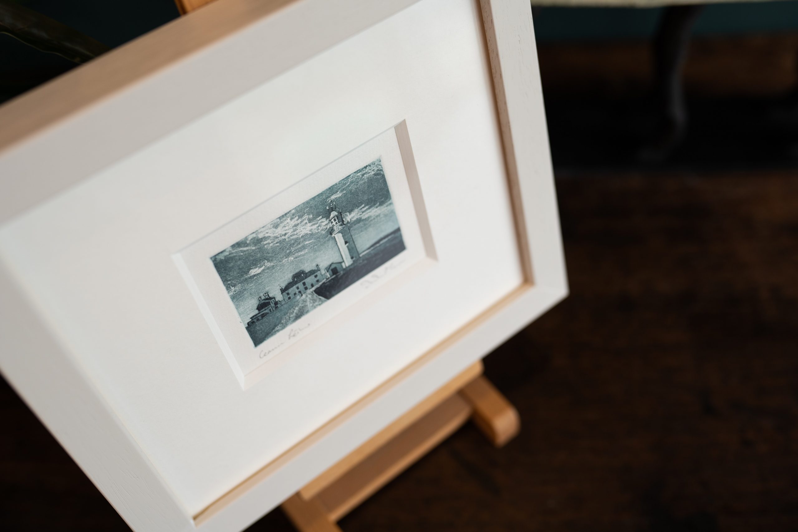 Deirdre McKenna Loop Head Lighthouse Original Etching Print small beautiful Irish art framed Irish gift interiors lighthouse Kilbaha Gallery