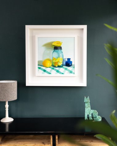 Diana Marshall Half on the Top still life fine art oil painting lemons killner jar kitchen dining room beautiful glass art painting striking work Irish interiors stunning kilbaha galllery