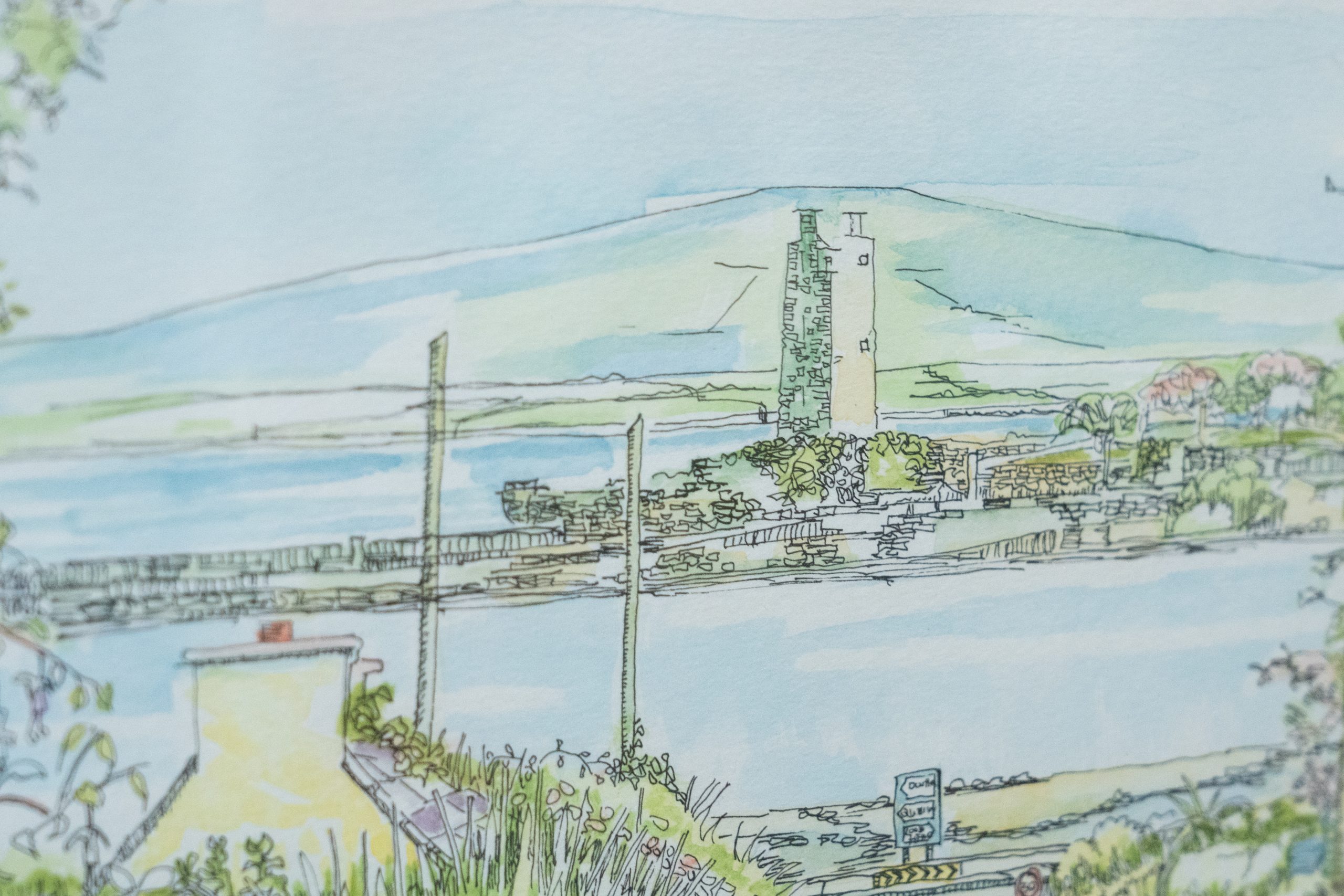 Ruth Wood original pen ink and watercolour moyarta hill carrigaholt village carrigaholt castle Ireland seaside visit clare tourism Ireland