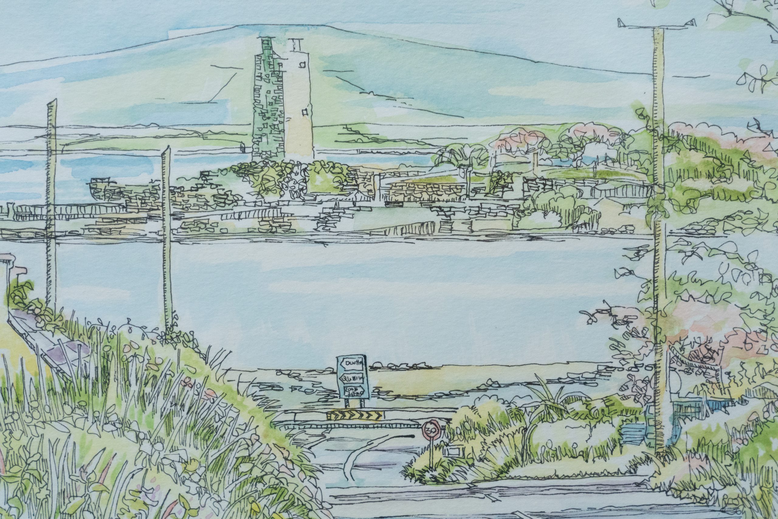 Ruth Wood original pen ink and watercolour moyarta hill carrigaholt village carrigaholt castle Ireland seaside visit clare tourism Ireland