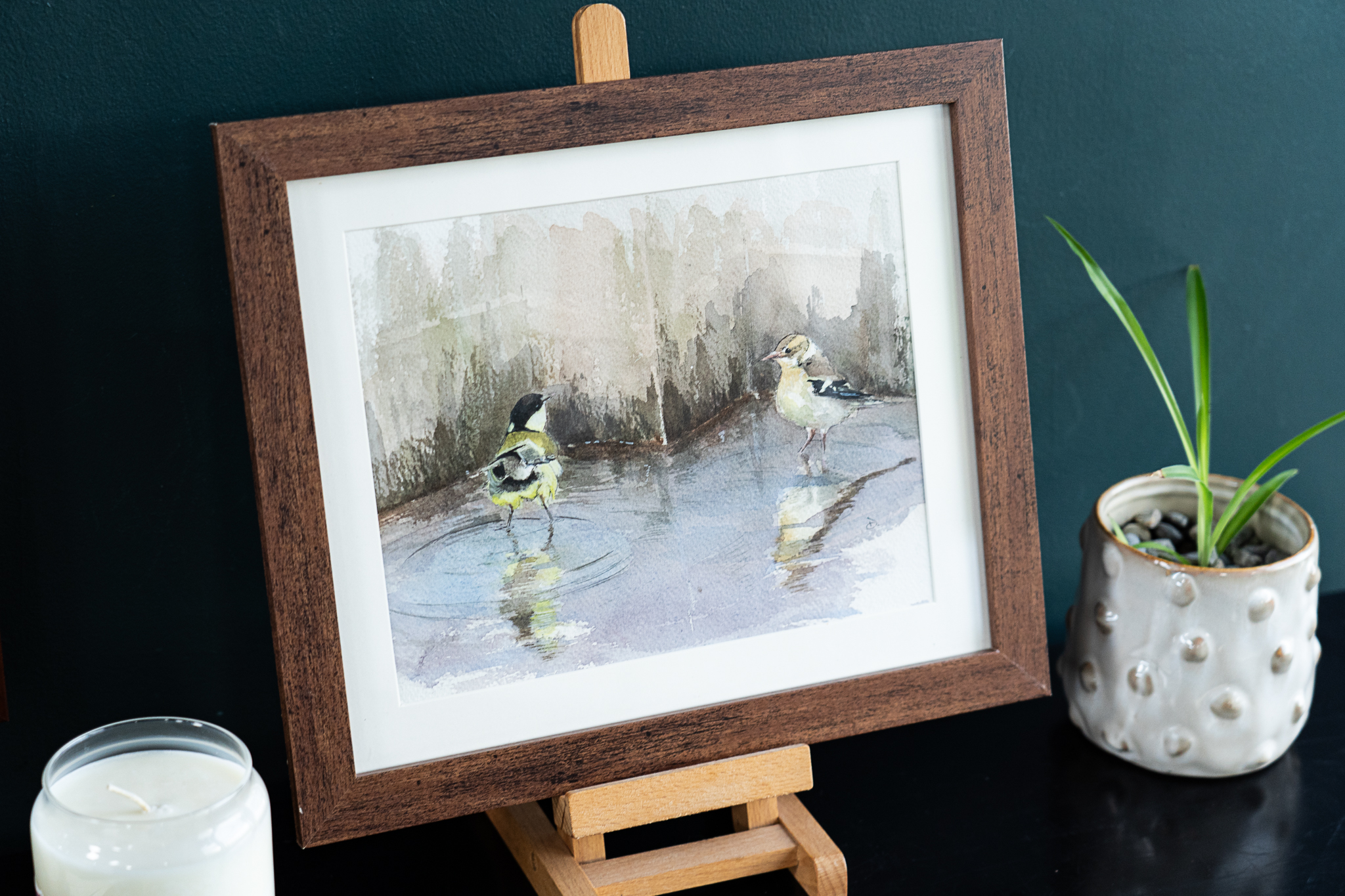 Birds Original Watercolour reflections water lake Ireland painting Interiors artist known as D West Clare artist Kilbaha Gallery Ireland Irish Interiors