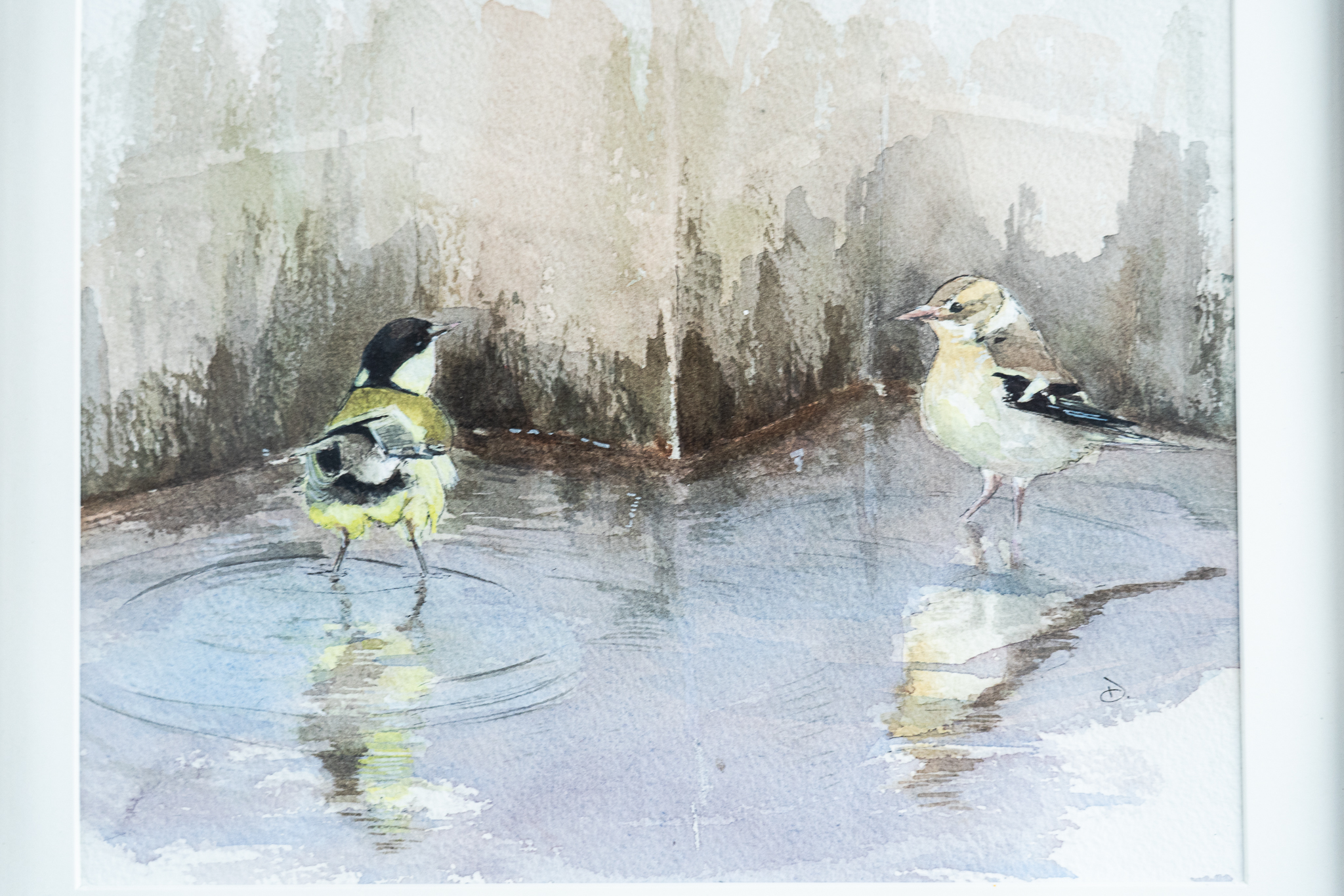 Birds Original Watercolour reflections water lake Ireland painting Interiors artist known as D West Clare artist Kilbaha Gallery Ireland Irish Interiors