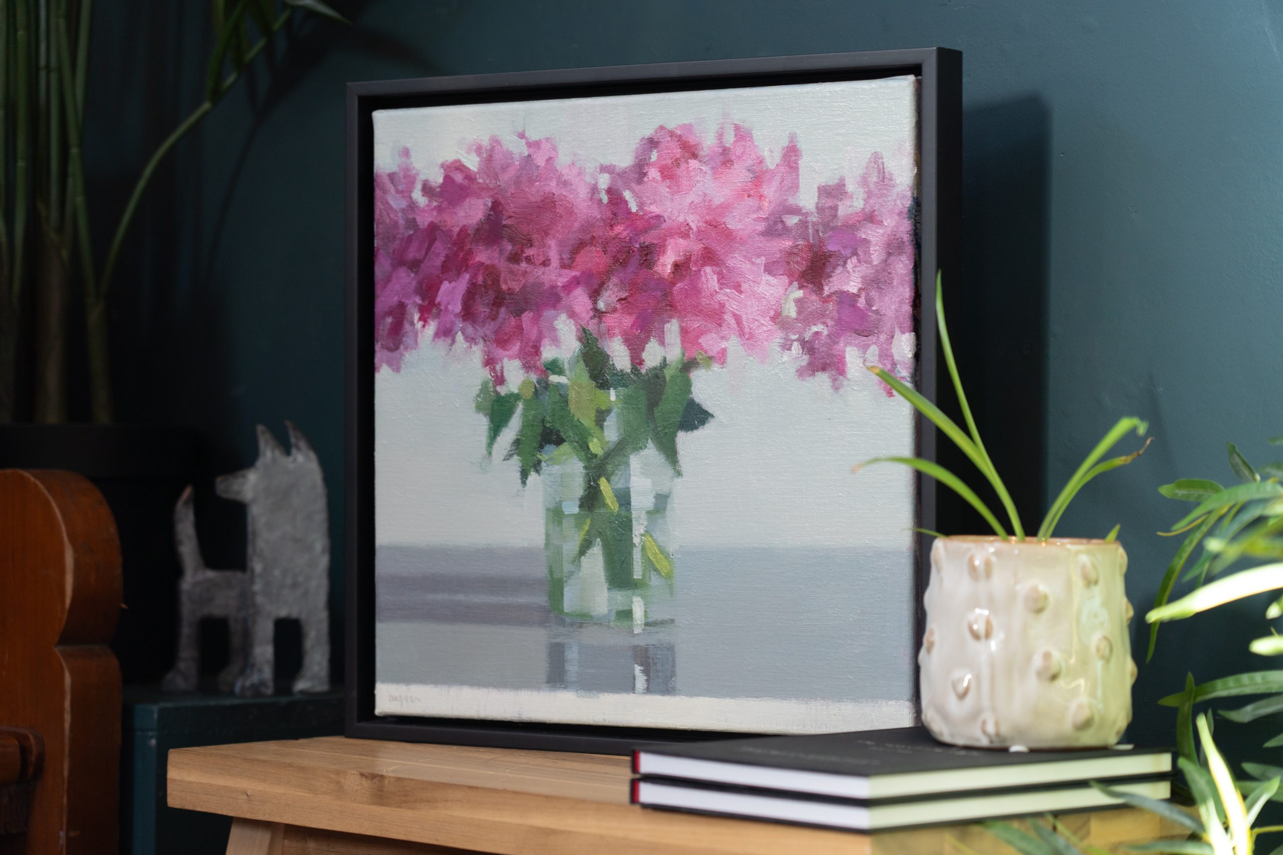 Bairbre Duggan Peonies original Irish art oil on canvas framed contemporary Irish art flowers in jar glass vase peonies Irish flowers Irish art original work collectable artist