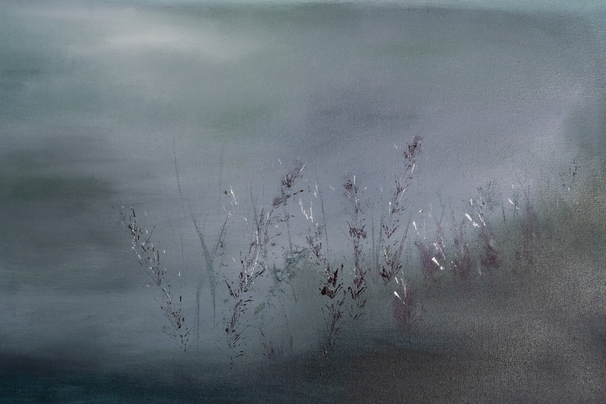 Enigmatic Woods Mary Rose Keane beautifully atmospheric oil on canvas misty mountains forest scene beautifully resonant calming interiors large art work for interior space