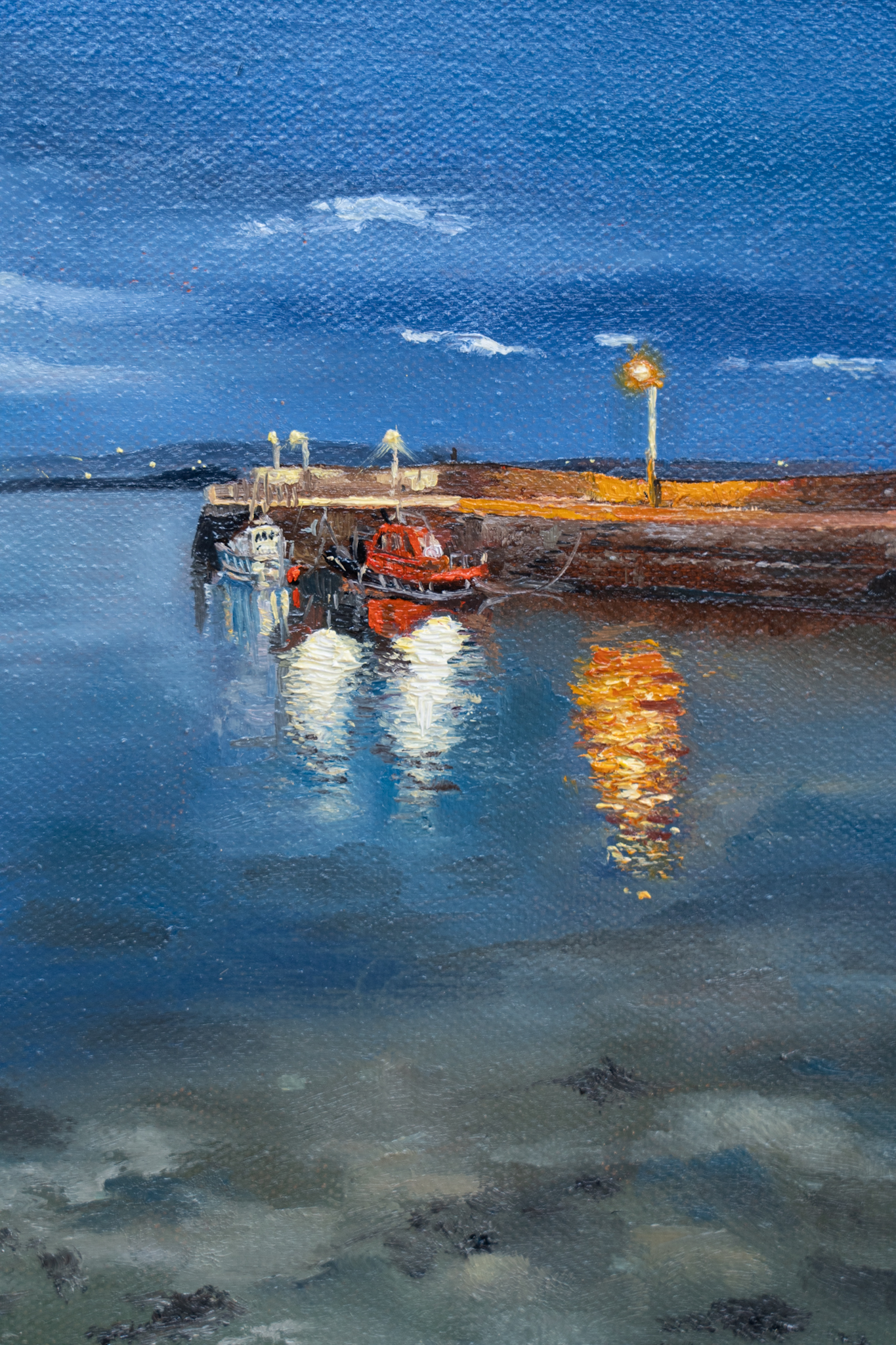 The artist signing their work as D Cappa Evening light dark sky Ireland Irish art Original Irish art contemporary artist West Clare scene Interiors Irish scene seascape beautiful Cappa Pier Fishing Pilot Boat Shannon Visit Clare WAW Ireland tourism Ireland painting fishing village