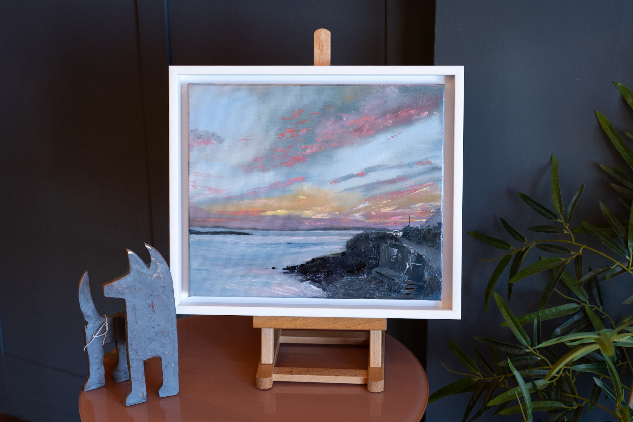 The artist signing their work as D Cappa Evening light sunlight pink sky Ireland Irish art Original Irish art contemporary artist West Clare scene Interiors Irish scene seascape beautiful Cappa Kilrush Visit Clare WAW Ireland tourism Ireland painting