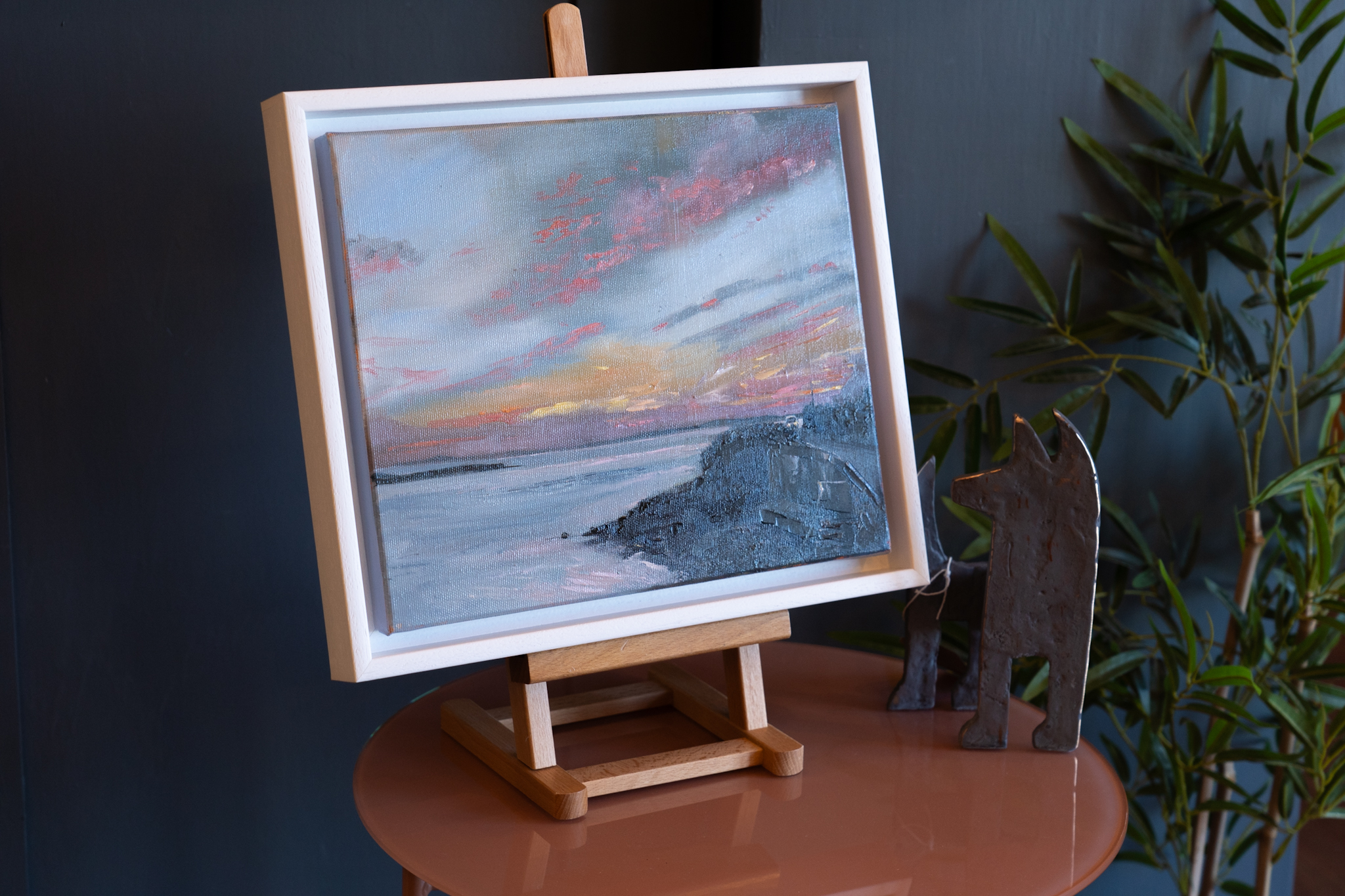 The artist signing their work as D Cappa Evening light sunlight pink sky Ireland Irish art Original Irish art contemporary artist West Clare scene Interiors Irish scene seascape beautiful Cappa Kilrush Visit Clare WAW Ireland tourism Ireland painting