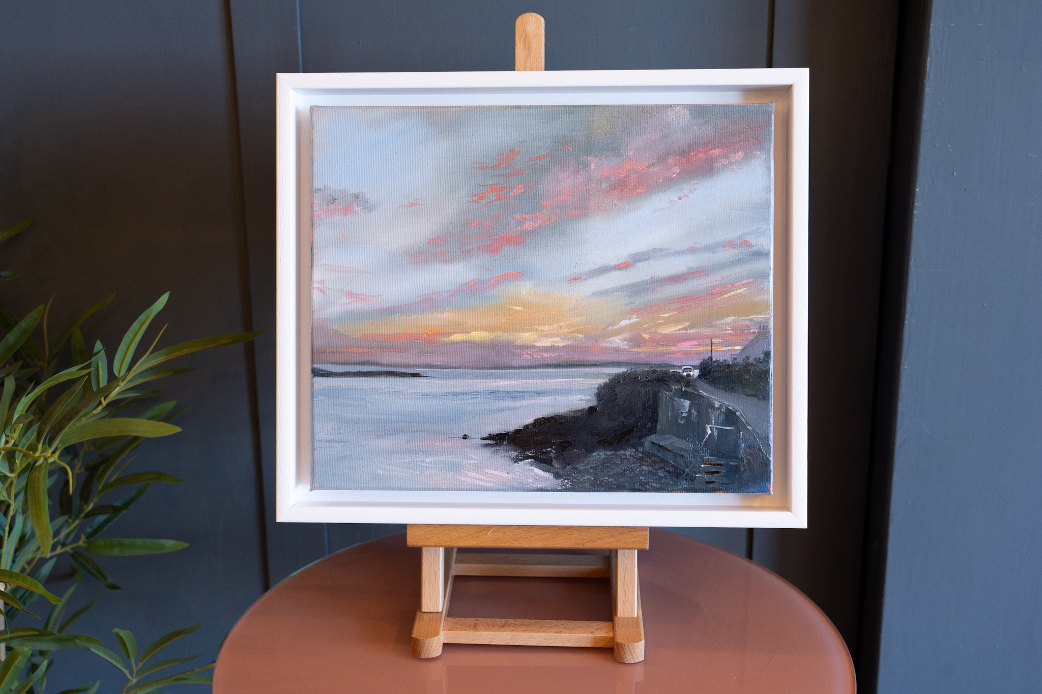 The artist signing their work as D Cappa Evening light sunlight pink sky Ireland Irish art Original Irish art contemporary artist West Clare scene Interiors Irish scene seascape beautiful Cappa Kilrush Visit Clare WAW Ireland tourism Ireland painting