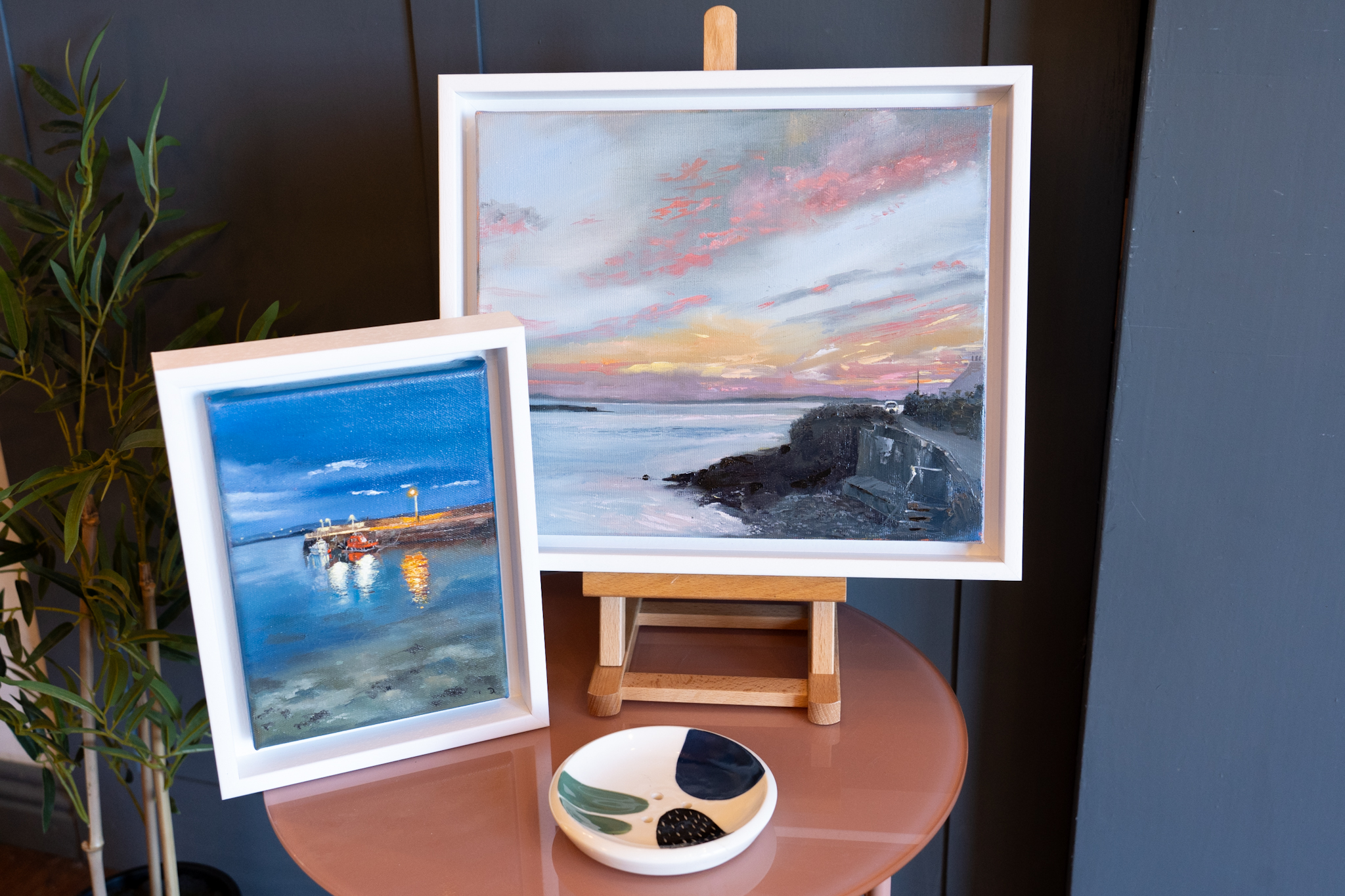 The artist signing their work as D Cappa Evening light sunlight pink sky Ireland Irish art Original Irish art contemporary artist West Clare scene Interiors Irish scene seascape beautiful Cappa Kilrush Visit Clare WAW Ireland tourism Ireland painting