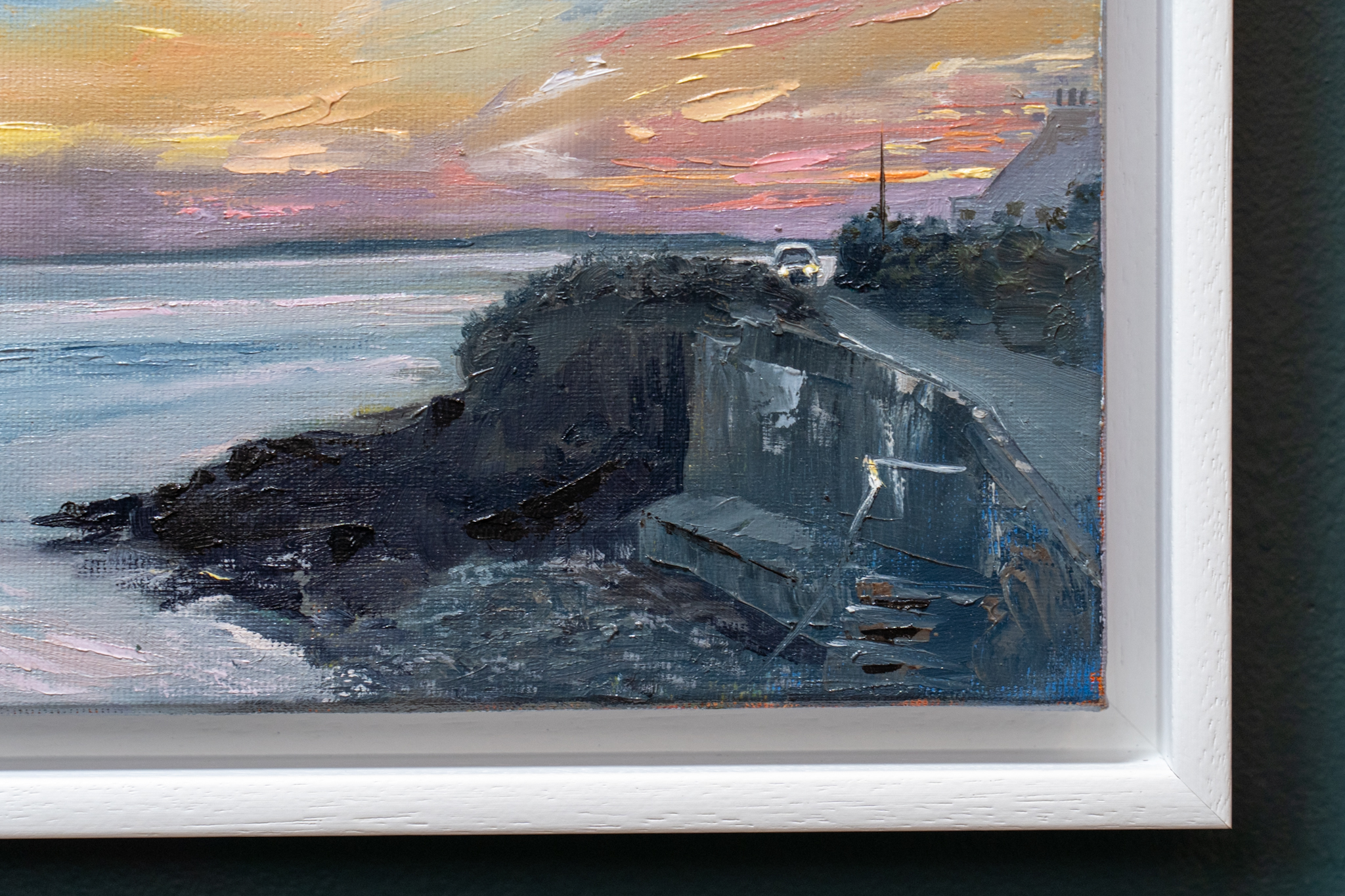 The artist signing their work as D Cappa Evening light sunlight pink sky Ireland Irish art Original Irish art contemporary artist West Clare scene Interiors Irish scene seascape beautiful Cappa Kilrush Visit Clare WAW Ireland tourism Ireland painting