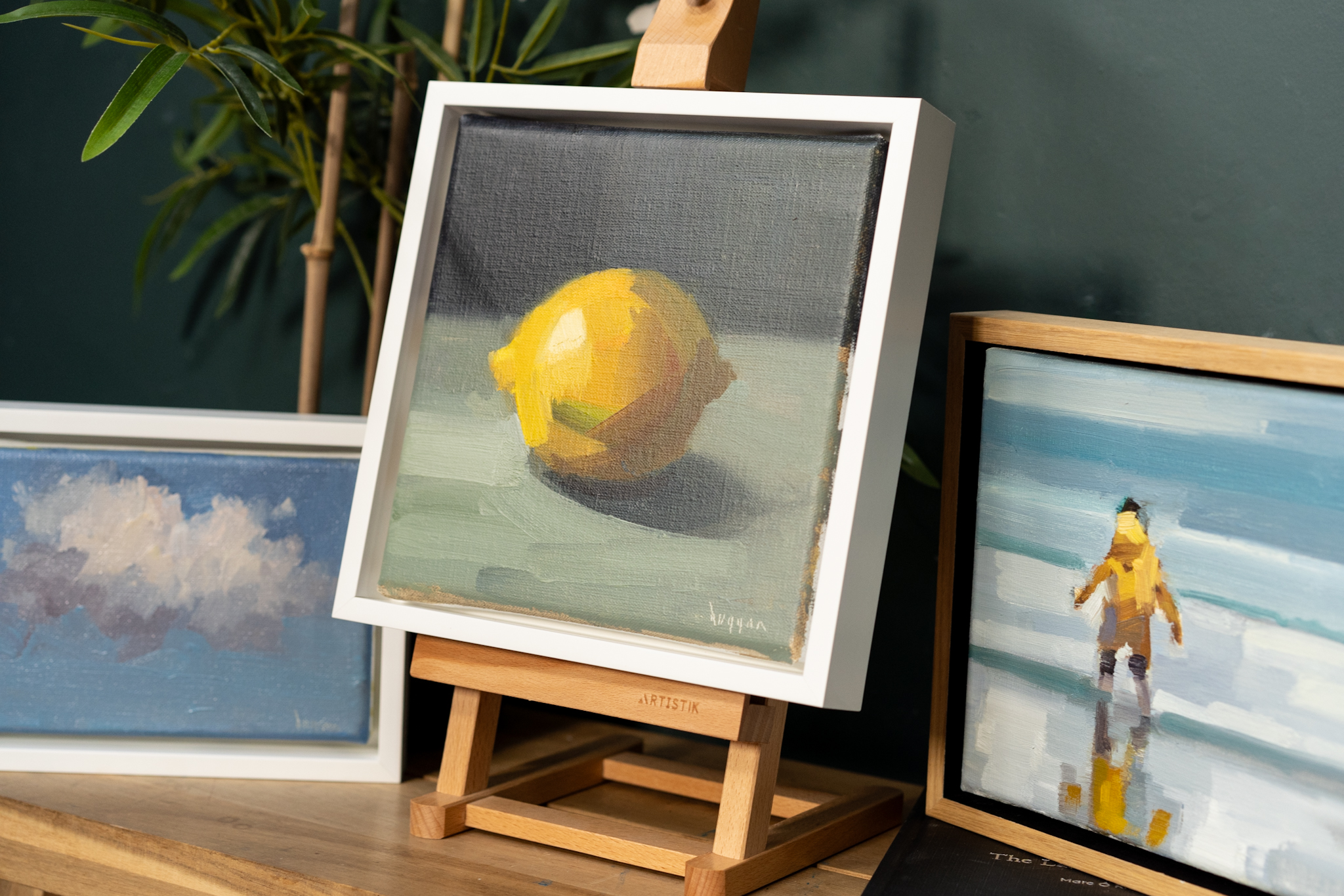 oil on canvas original by Bairbre Duggan Contemporary Irish Artist Ireland skyscape small miniature painting beautiful sea yellow raincoat