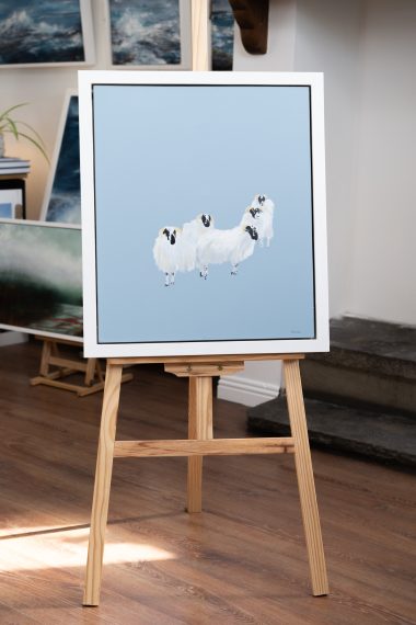Mary Neville original art work sheep Kilbaha Gallery oil on canvas blues whites cute sheep painting Irish Interiors