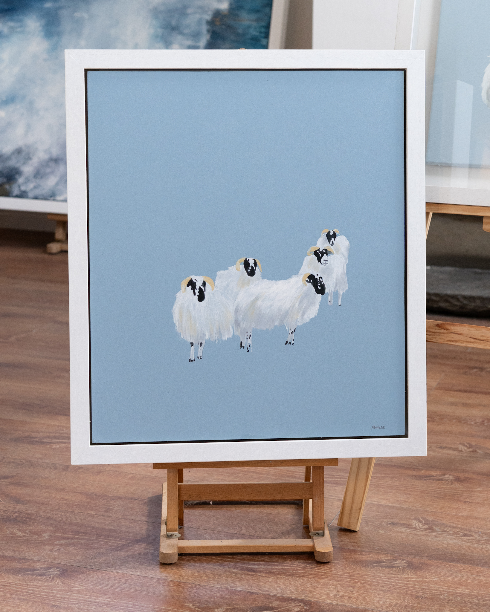 Mary Neville original art work sheep Kilbaha Gallery oil on canvas blues whites cute sheep painting Irish Interiors