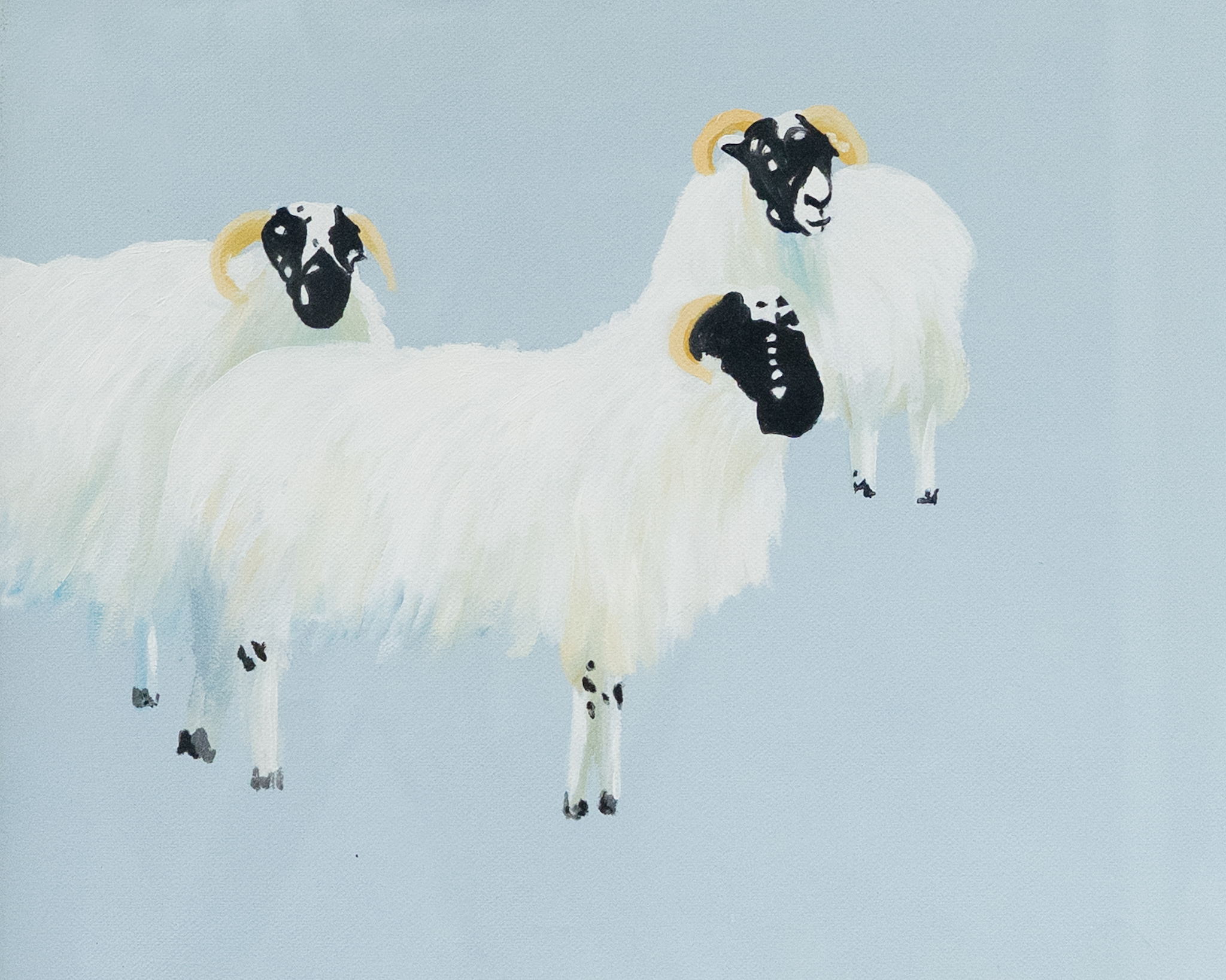 Mary Neville original art work sheep Kilbaha Gallery oil on canvas blues whites cute sheep painting Irish Interiors