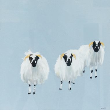 Mary Neville original art work sheep Kilbaha Gallery oil on canvas blues whites cute sheep painting Irish Interiors