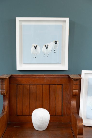 Mary Neville original art work sheep Kilbaha Gallery oil on canvas blues whites cute sheep painting Irish Interiors