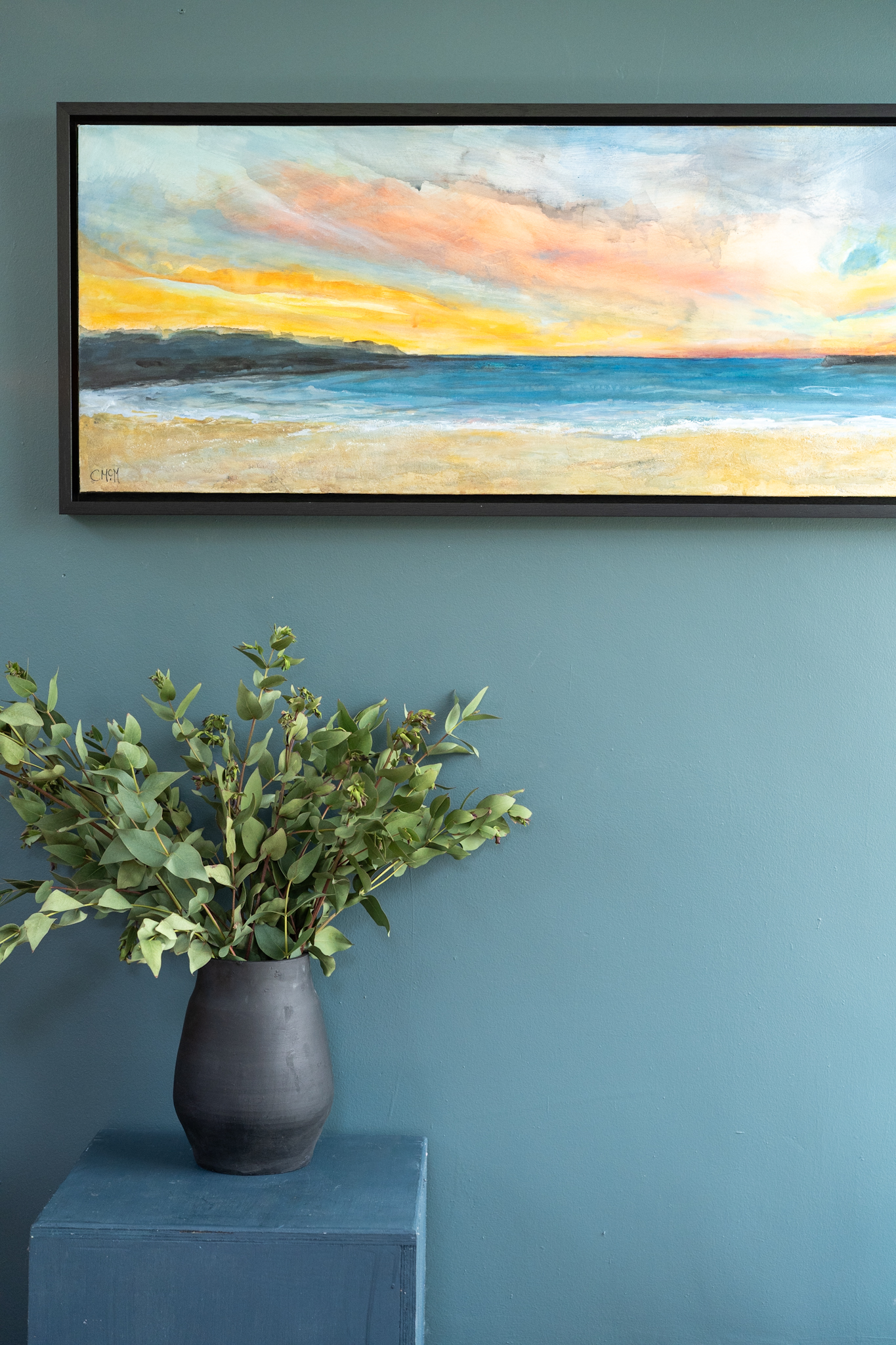 Kilkee Claire McMahon acrylics original art painting beautiful colours sunset in oils landscape skies golden hour Irish Ireland Wild Atlantic Way Kilbaha Gallery