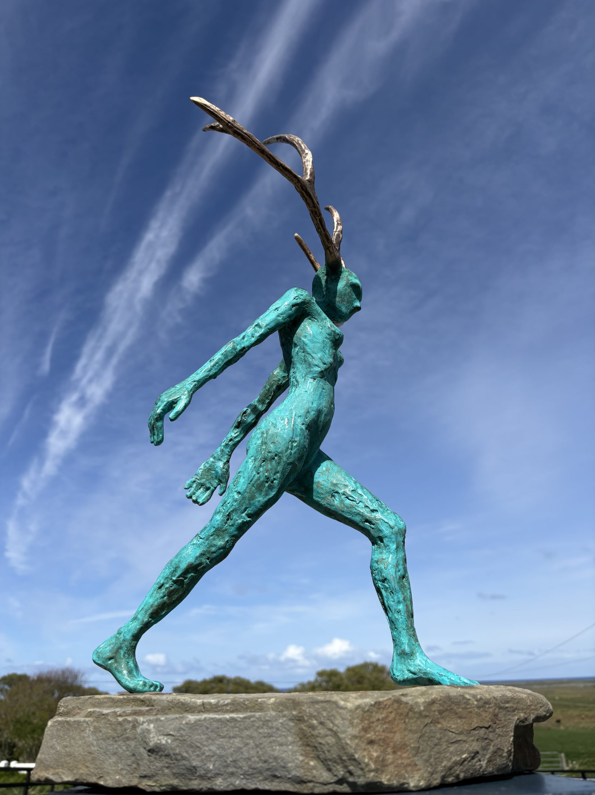 Resistance II by Adam Pomeroy Bronze Sculpture green patina female figure with horns powerful empowering women strength Ireland Irish art Kilbaha Gallery