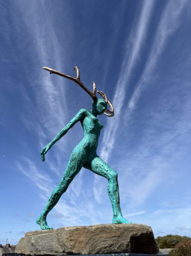 Resistance II by Adam Pomeroy Bronze Sculpture green patina female figure with horns powerful empowering women strength Ireland Irish art Kilbaha Gallery