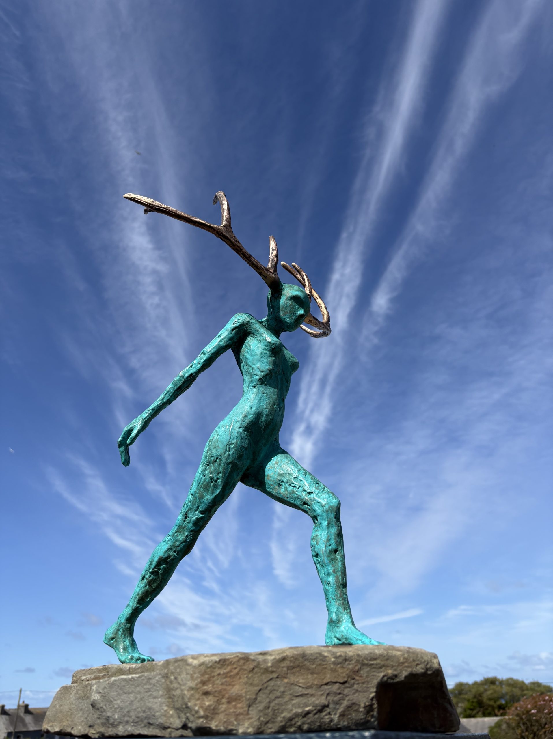 Resistance II by Adam Pomeroy Bronze Sculpture green patina female figure with horns powerful empowering women strength Ireland Irish art Kilbaha Gallery