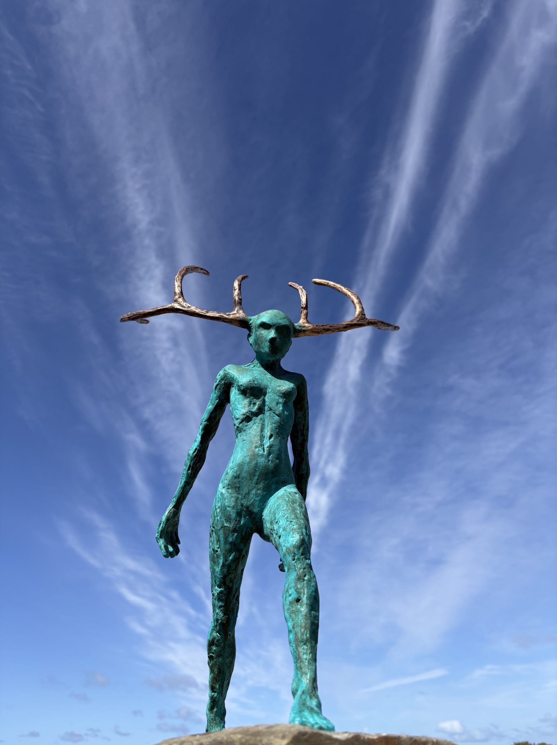 Resistance II by Adam Pomeroy Bronze Sculpture green patina female figure with horns powerful empowering women strength Ireland Irish art Kilbaha Gallery