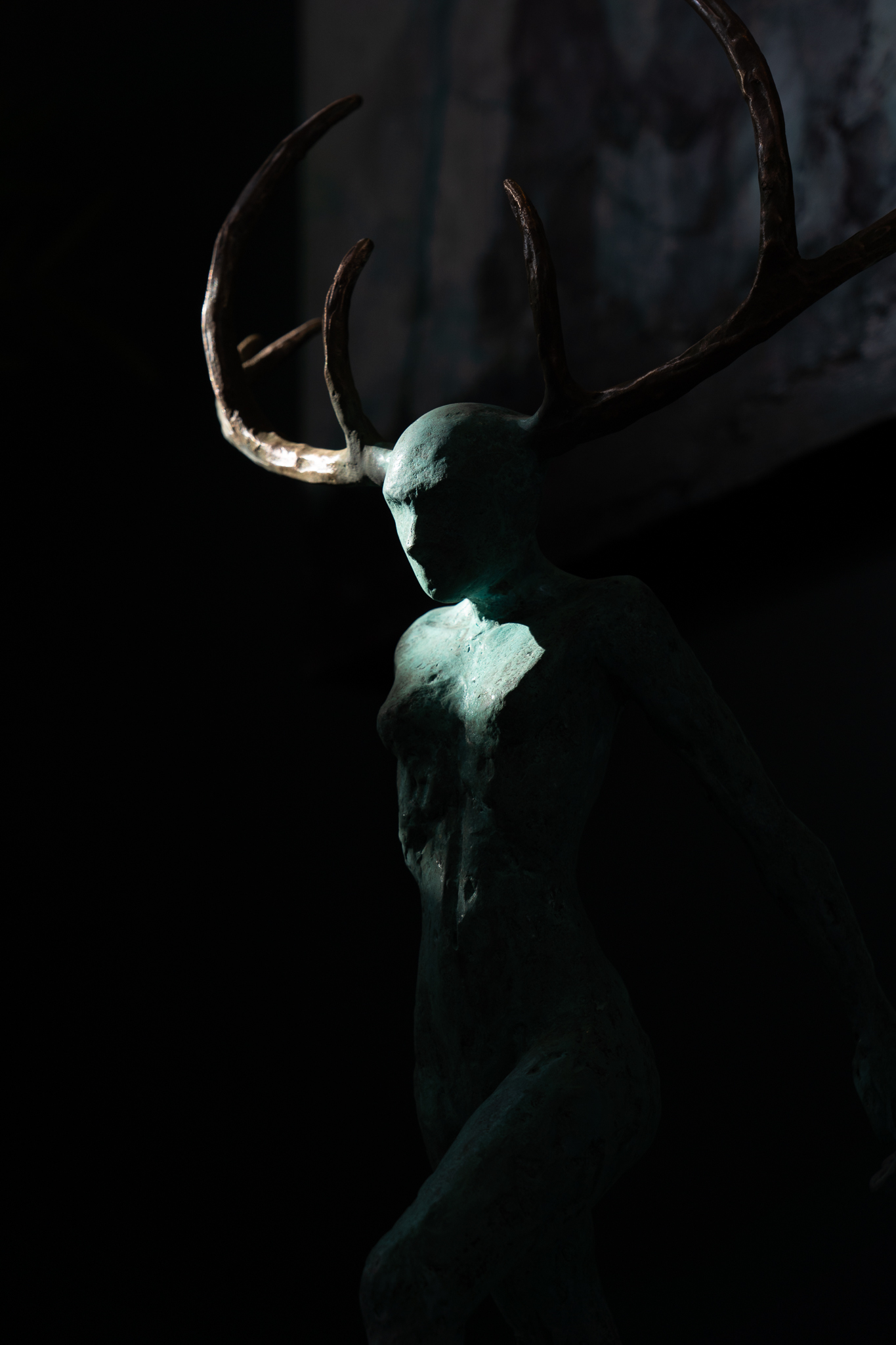 Resistance II by Adam Pomeroy Bronze Sculpture green patina female figure with horns powerful empowering women strength Ireland Irish art Kilbaha Gallery