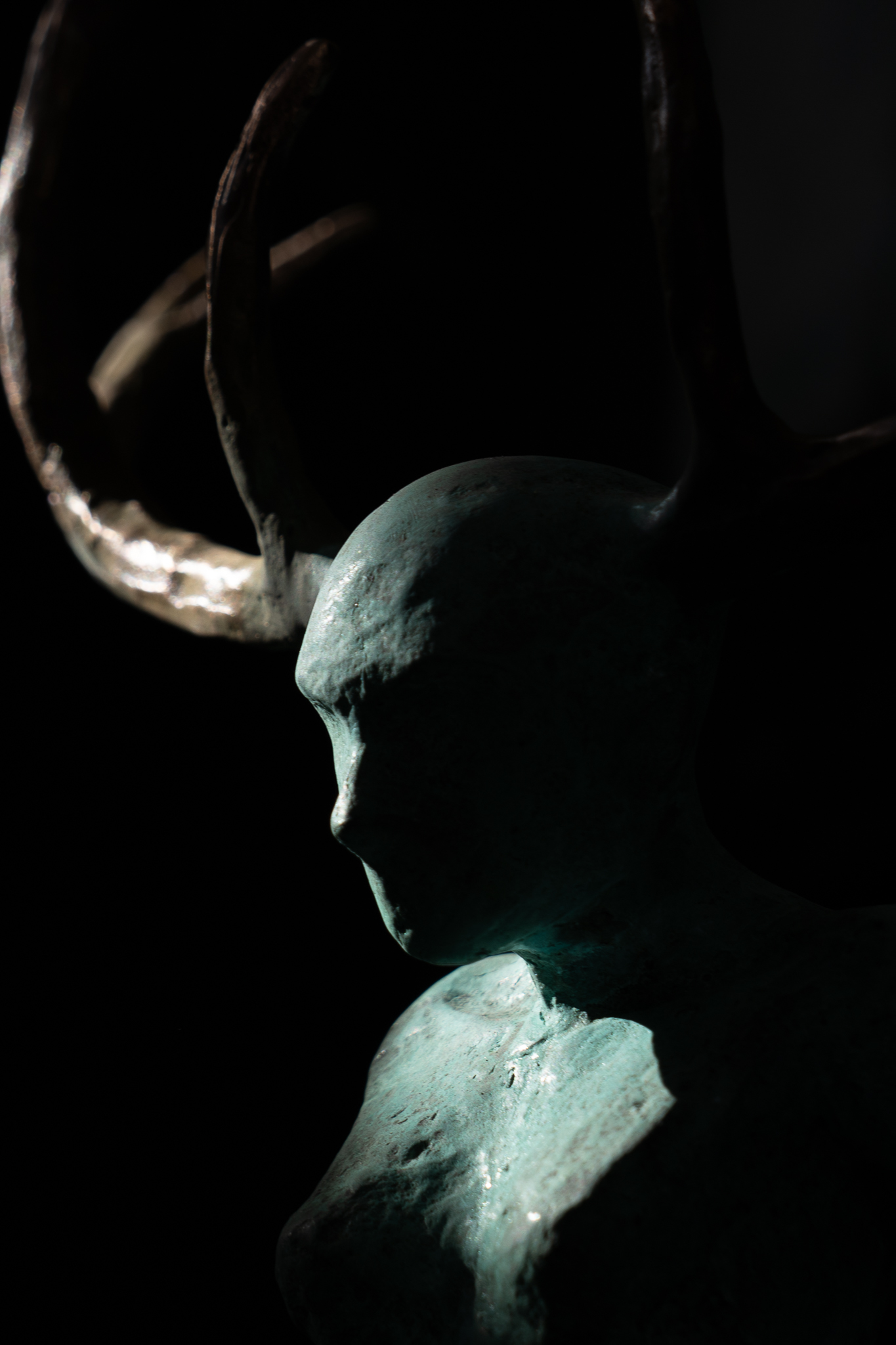 Resistance II by Adam Pomeroy Bronze Sculpture green patina female figure with horns powerful empowering women strength Ireland Irish art Kilbaha Gallery
