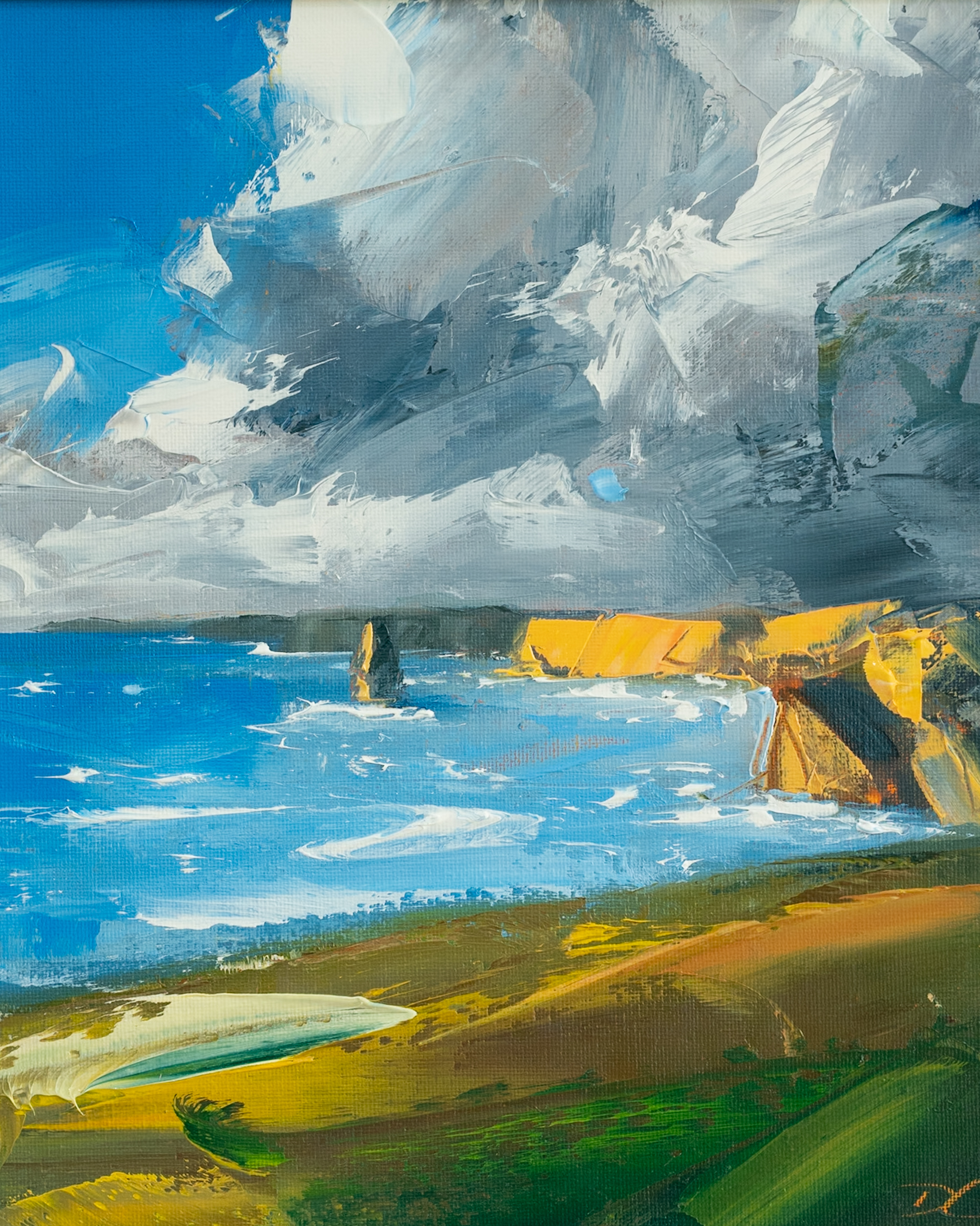 The artist David Coyne for Kilbaha Gallery Ireland Original Irish Art Wild Atlantic Way Rolling Tide Waves Rocks stones movement beautiful painting oils on canvas Irish Interiors Cliff Coast Wild Waves Ireland West of Ireland vivid colours blues and greens