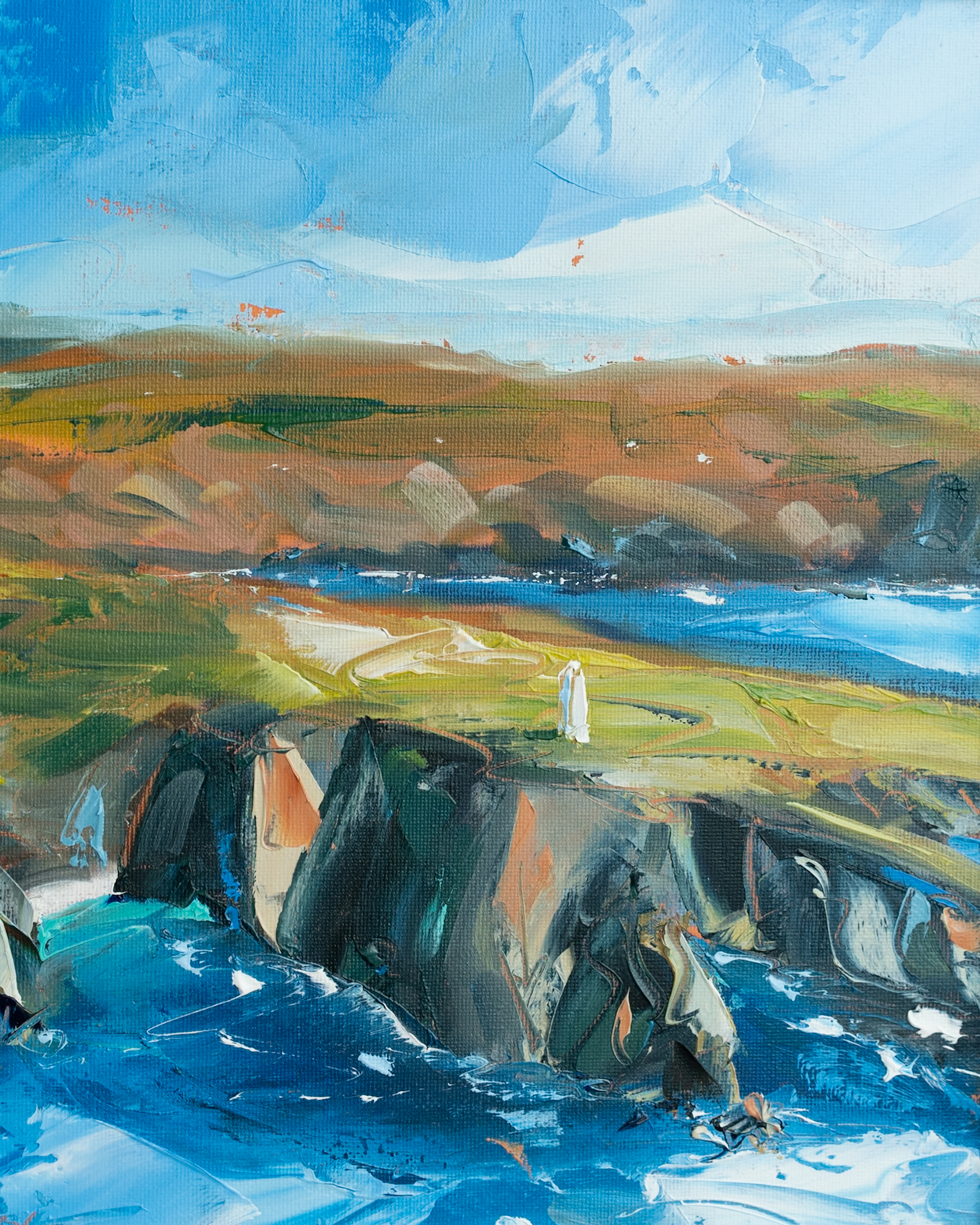 The artist David Coyne for Kilbaha Gallery Ireland Original Irish Art Wild Atlantic Way Rolling Tide Waves Rocks stones movement beautiful painting oils on canvas Irish Interiors Cliff Coast Wild Waves Ireland West of Ireland vivid colours blues and greens