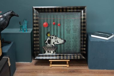 Heidi Wickham Circus Dog Irish Art Kilbaha Gallery Irish interiors beautiful contemporary painting black dog on green