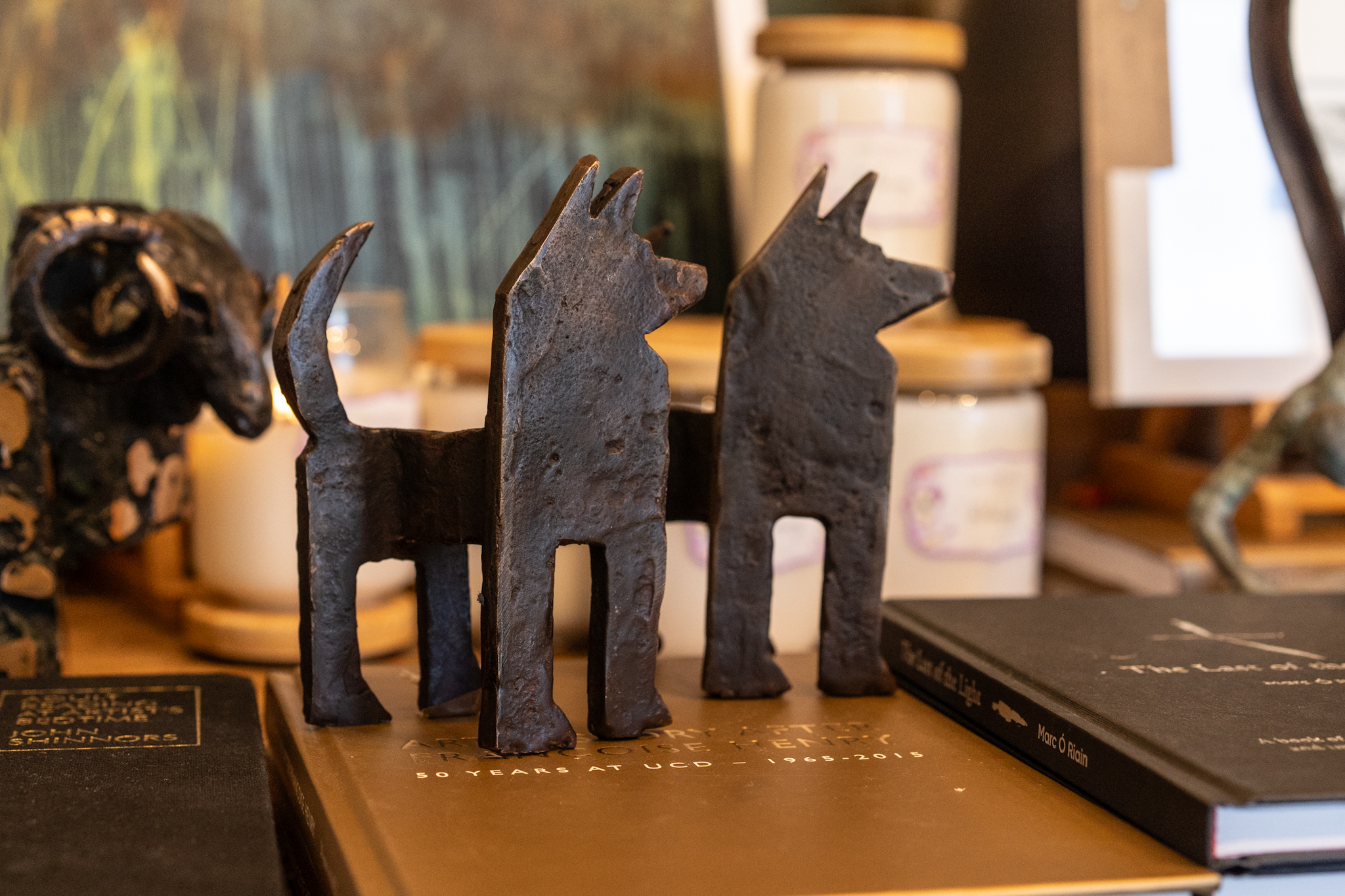 Seamus Connolly Bronze Dogs Brown patina beautiful small bronze sculptures stylized animals original Irish art family business bronze foundry Ireland Kilbaha Gallery