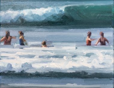 Bairbre Duggan Beach Painting Oils on canvas waves swimmers Wild Atlantic Way original Irish art Ireland beach swimmers seascape painting Kilbaha Gallery