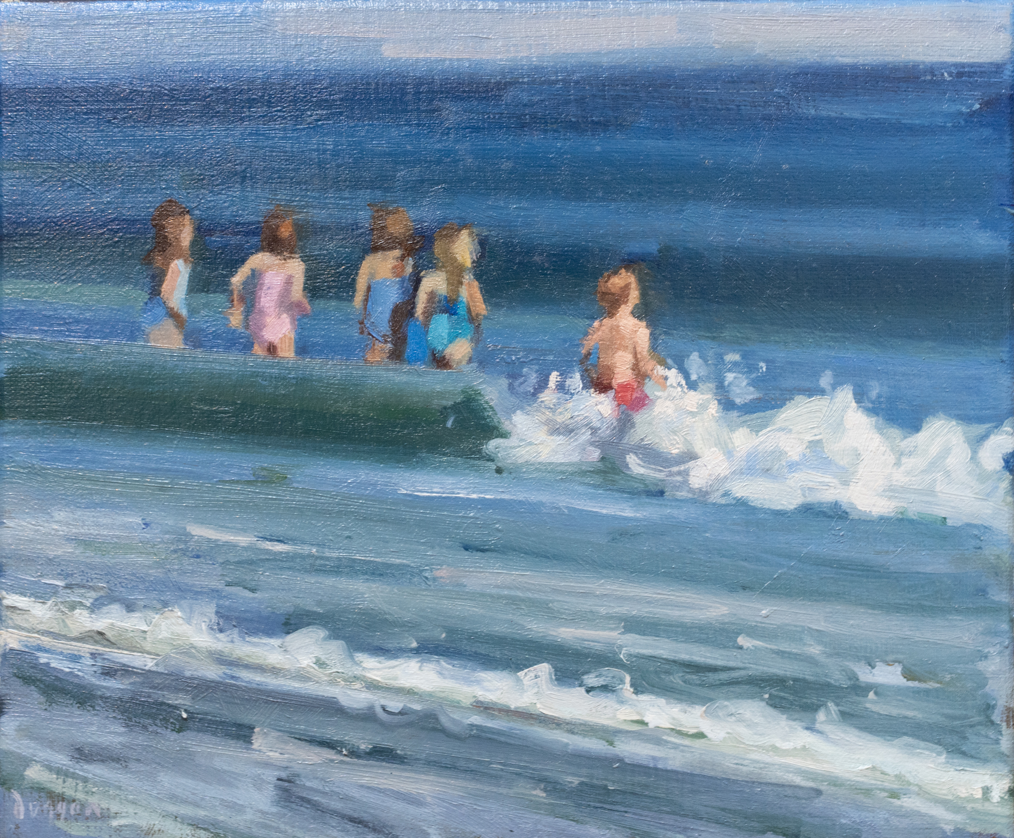 Bairbre Duggan Beach Painting Oils on canvas waves swimmers Wild Atlantic Way original Irish art Ireland beach swimmers seascape painting Kilbaha Gallery