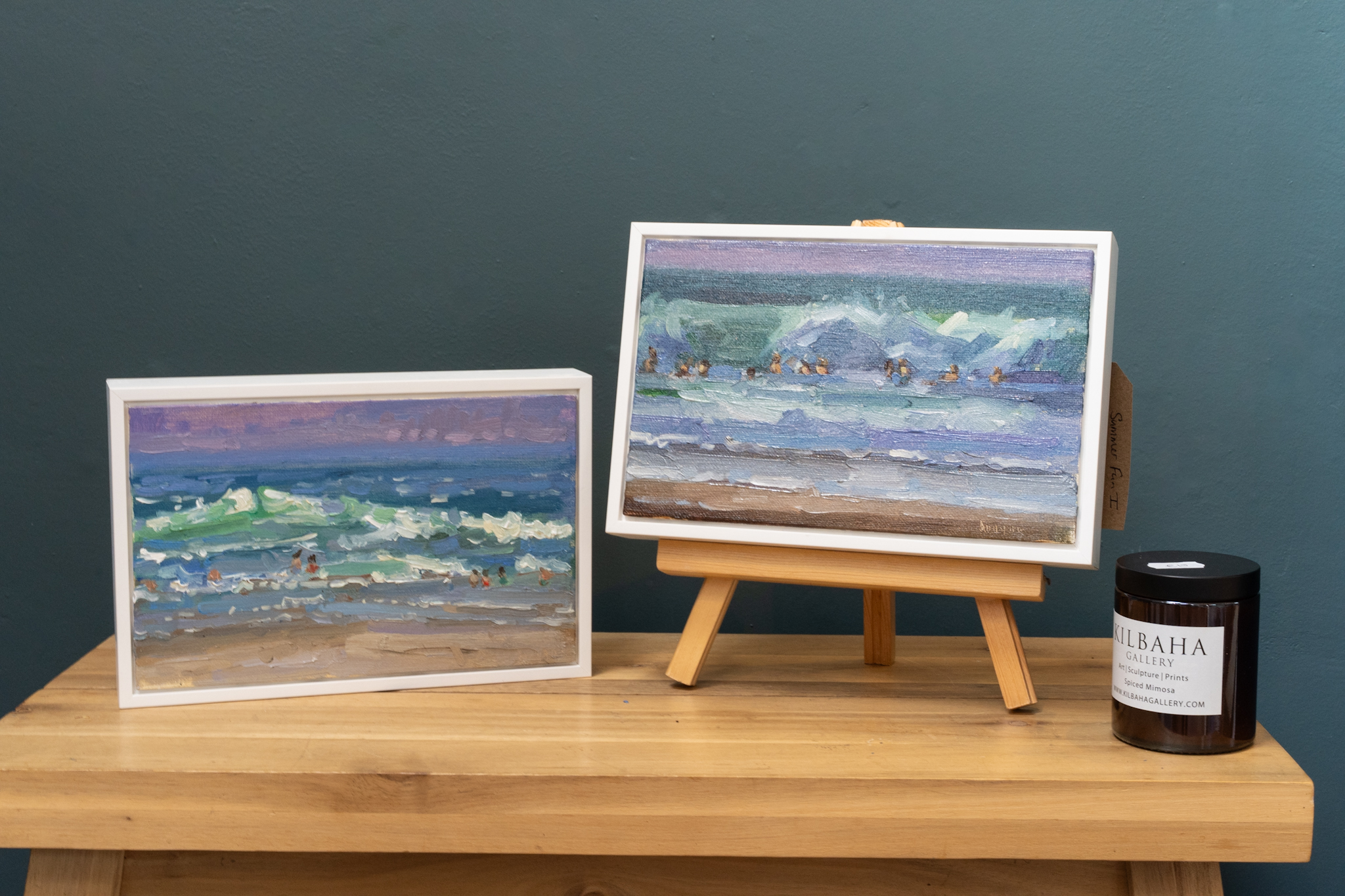 Bairbre Duggan Beach Painting Oils on canvas waves swimmers Wild Atlantic Way original Irish art Ireland beach swimmers seascape painting Kilbaha Gallery