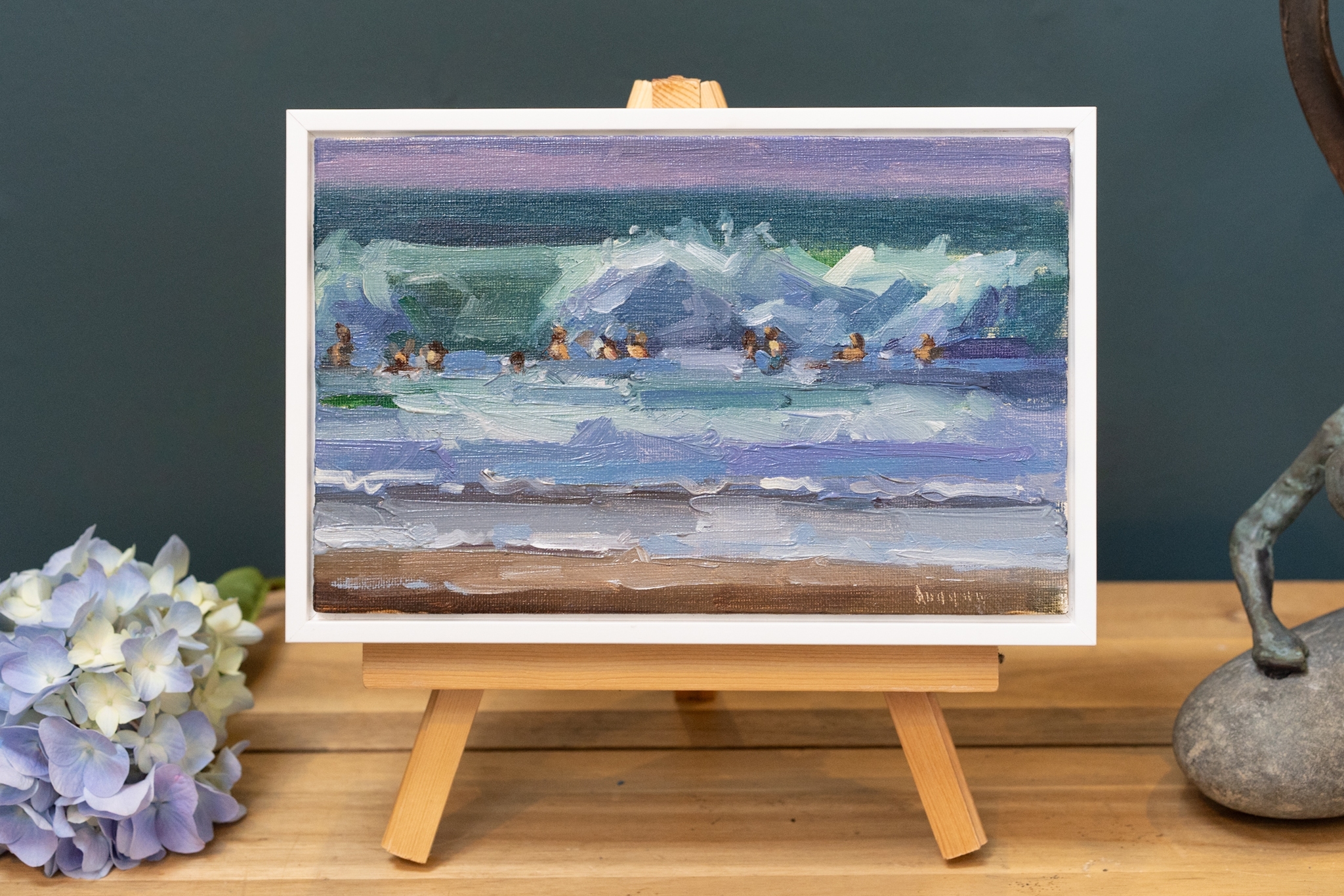 Bairbre Duggan Beach Painting Oils on canvas waves swimmers Wild Atlantic Way original Irish art Ireland beach swimmers seascape painting Kilbaha Gallery