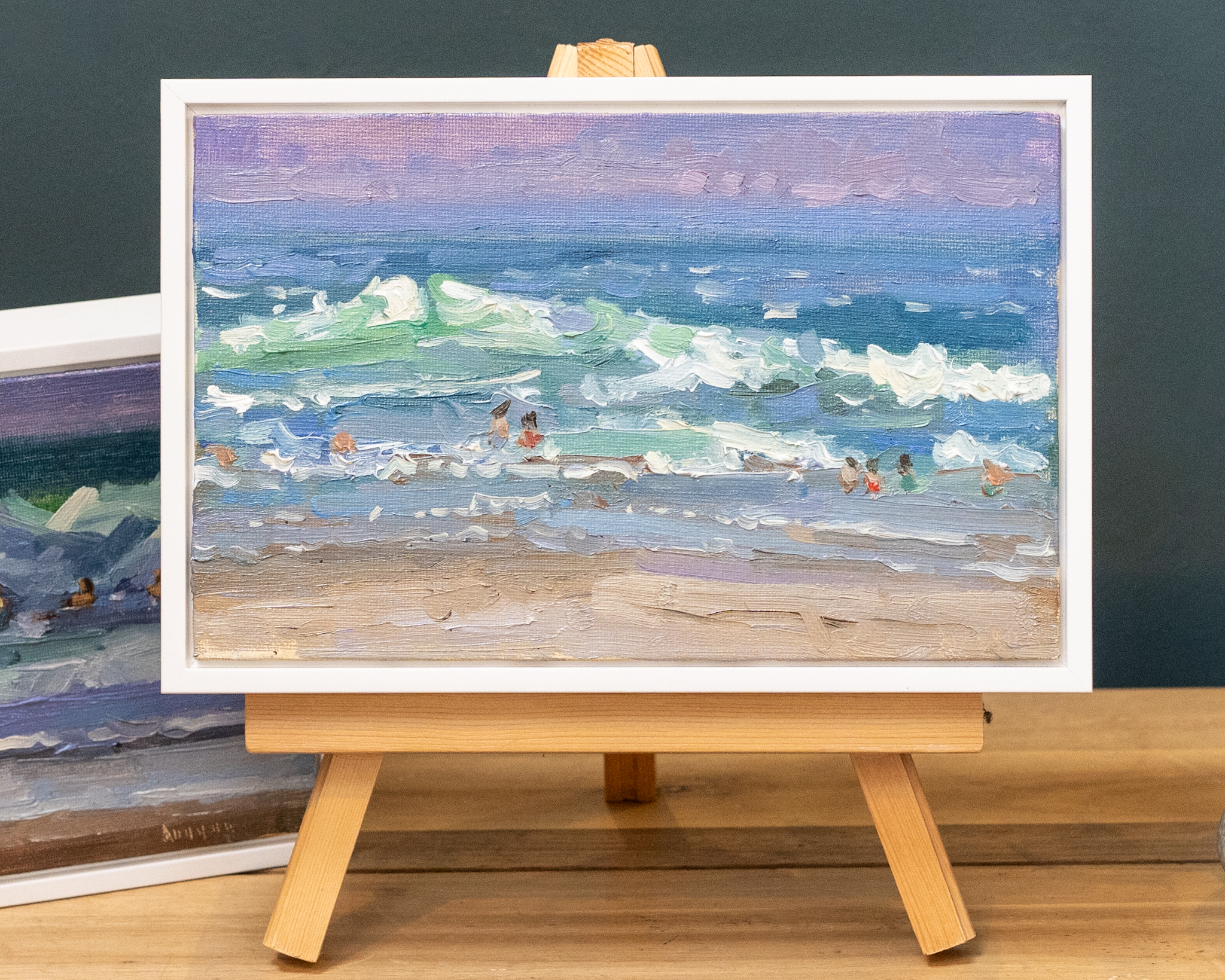 Bairbre Duggan Beach Painting Oils on canvas waves swimmers Wild Atlantic Way original Irish art Ireland beach swimmers seascape painting Kilbaha Gallery
