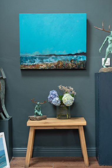 Danny Vincent Smith Kilbaha Gallery Original acrylic on board beautiful skyscape painting vivid teal colours blue sea green tuquoise Irish art original art Irish interiors interior design Kilbaha Gallery