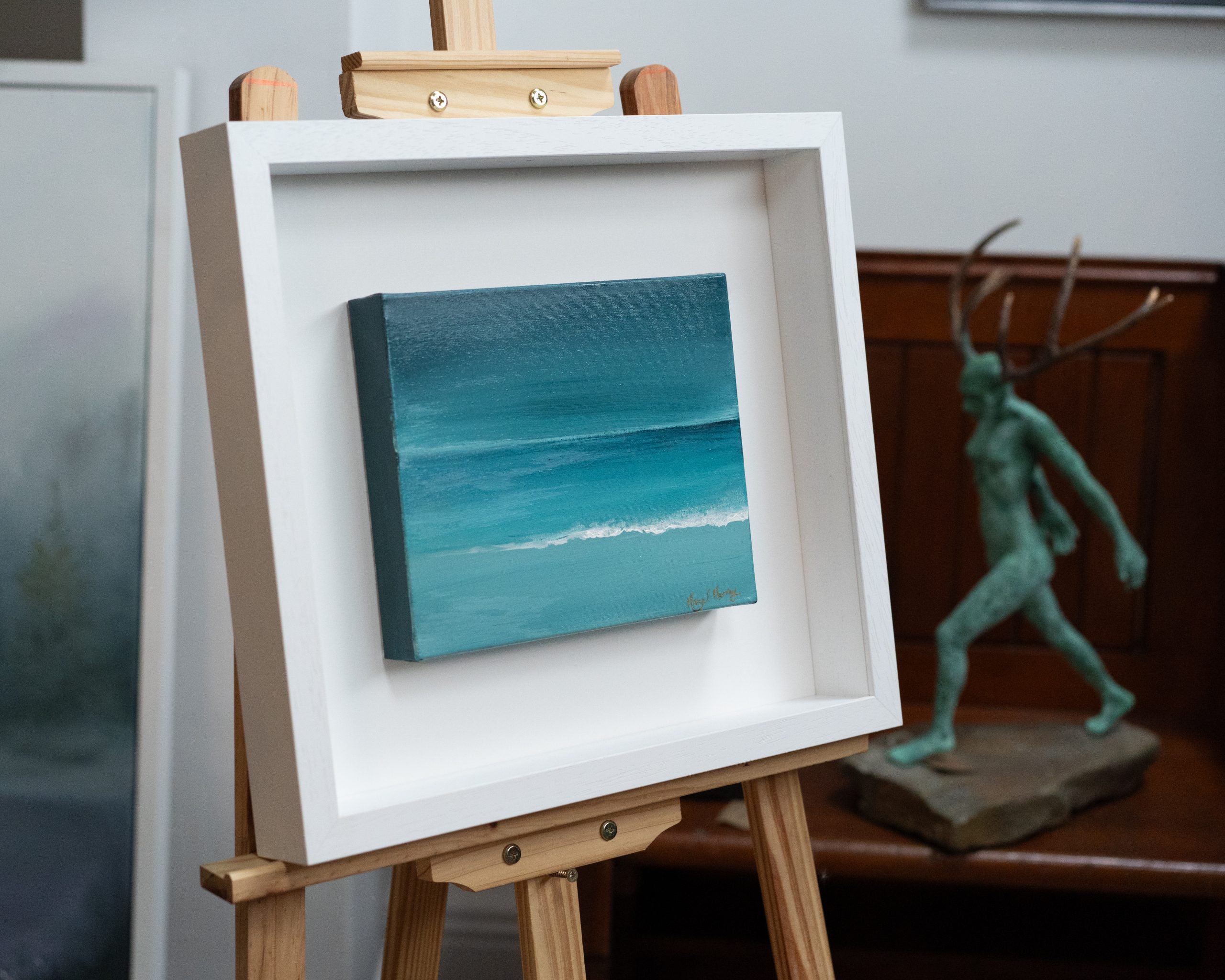 Hazel Murray Irish artist seascape framed original acrylics beautiful painting beach Doughmore Dunes Irish Interiors sandy muted tones Kilbaha Gallery teals blues greens Interiors