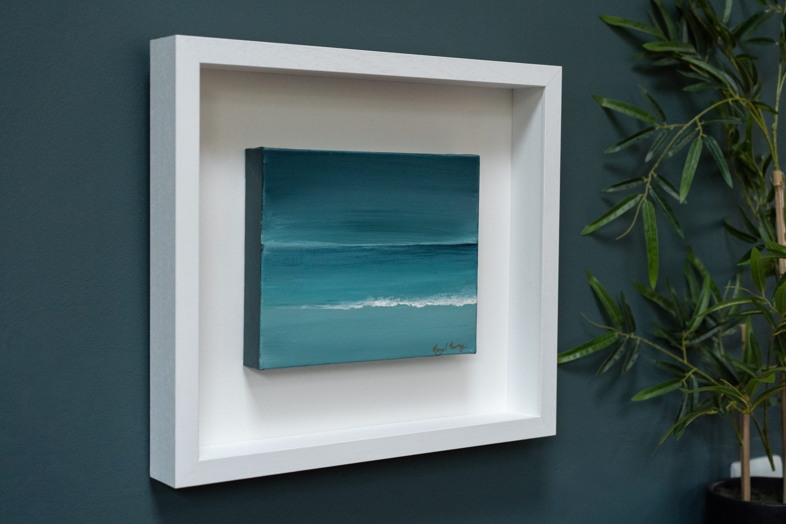 Hazel Murray Irish artist seascape framed original acrylics beautiful painting beach Doughmore Dunes Irish Interiors sandy muted tones Kilbaha Gallery teals blues greens Interiors