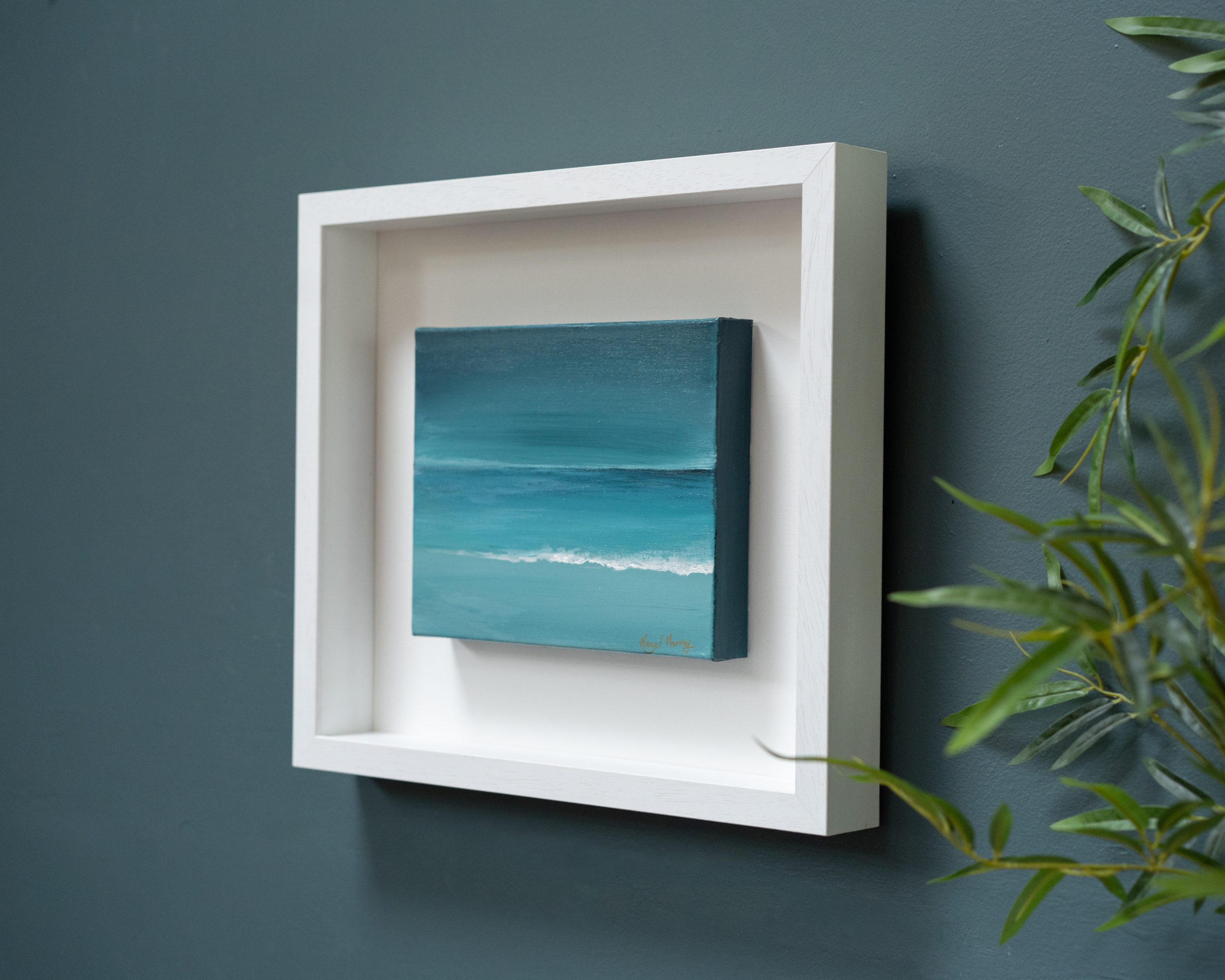 Hazel Murray Irish artist seascape framed original acrylics beautiful painting beach Doughmore Dunes Irish Interiors sandy muted tones Kilbaha Gallery teals blues greens Interiors