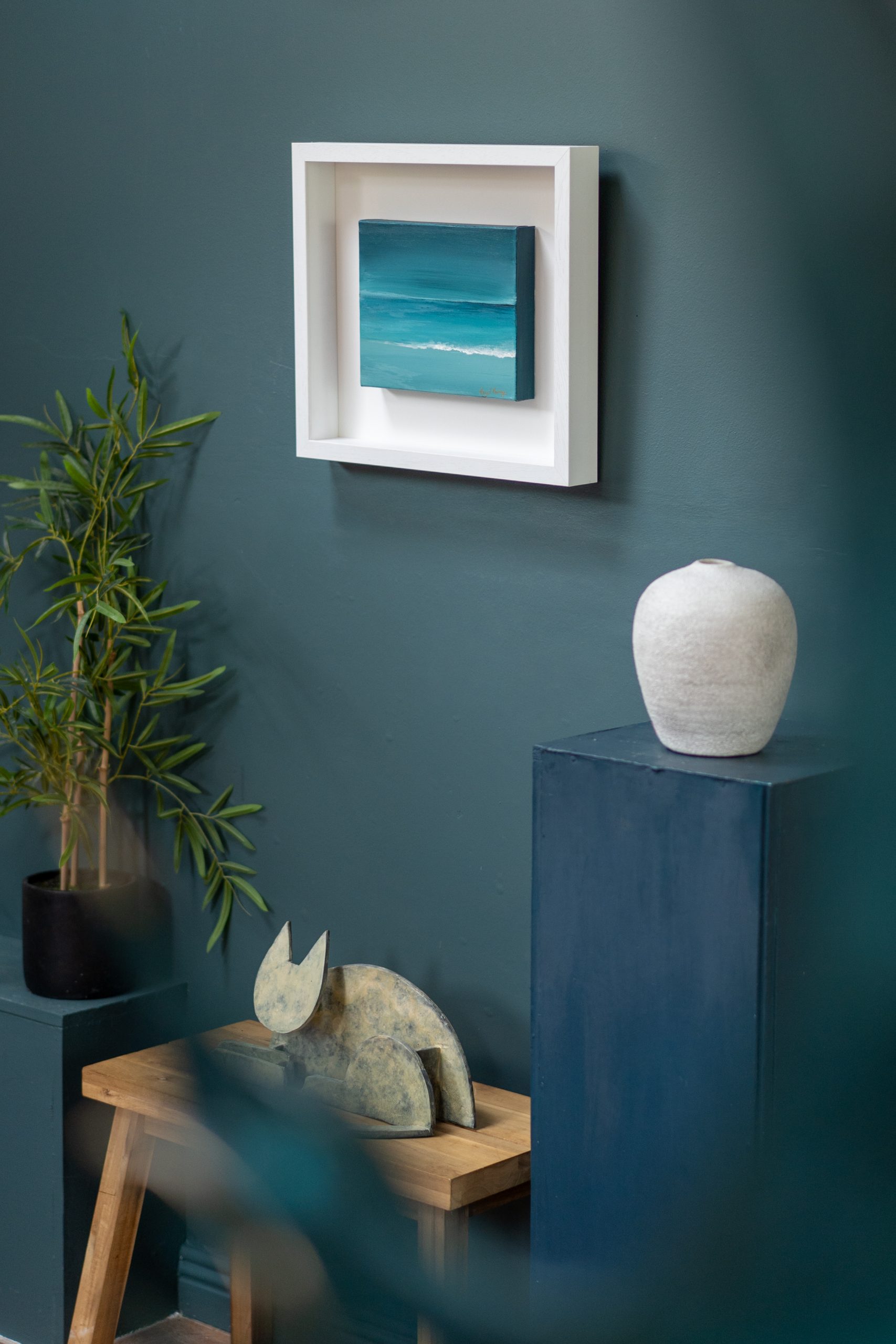 Hazel Murray Irish artist seascape framed original acrylics beautiful painting beach Doughmore Dunes Irish Interiors sandy muted tones Kilbaha Gallery teals blues greens Interiors