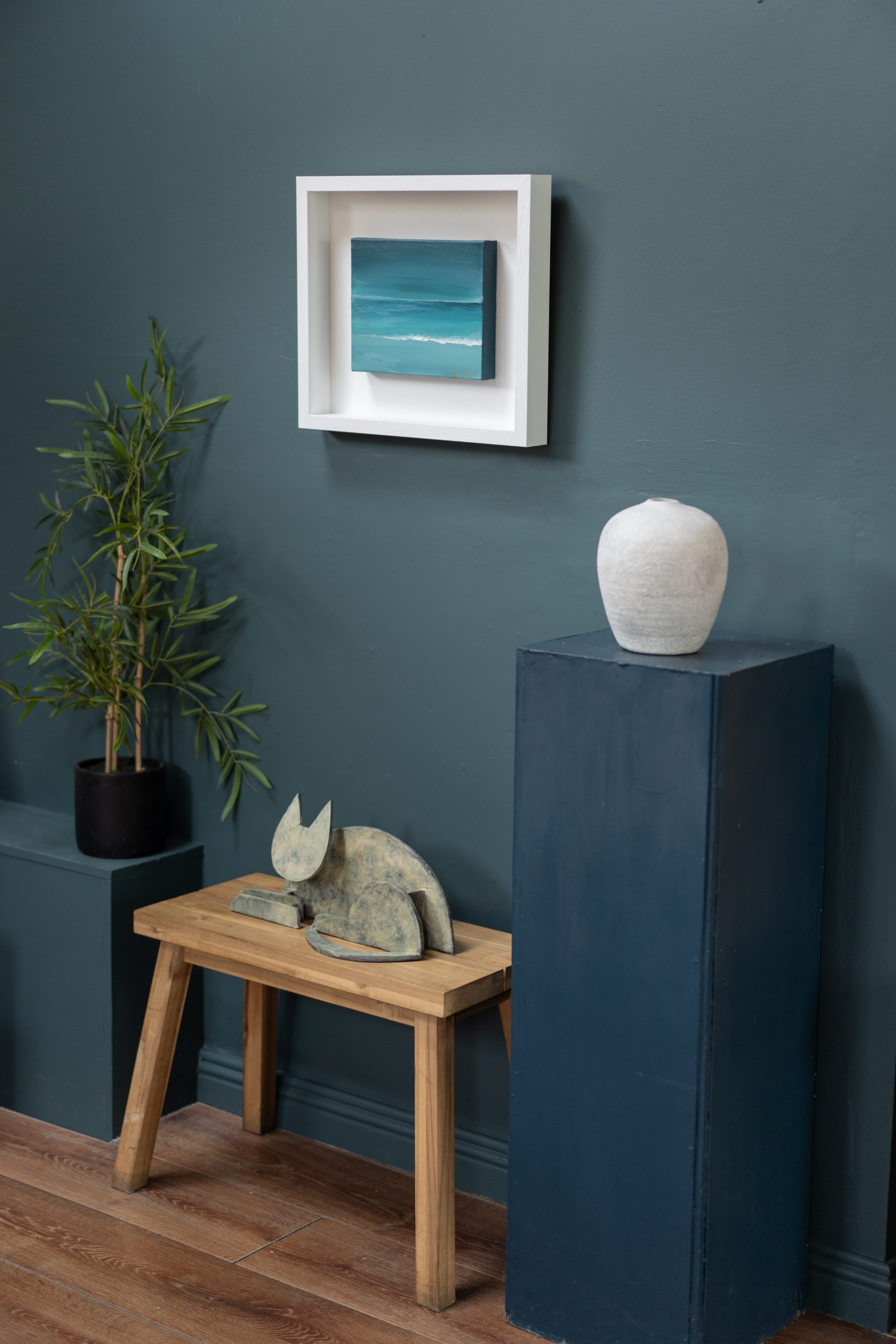 Hazel Murray Irish artist seascape framed original acrylics beautiful painting beach Doughmore Dunes Irish Interiors sandy muted tones Kilbaha Gallery teals blues greens Interiors