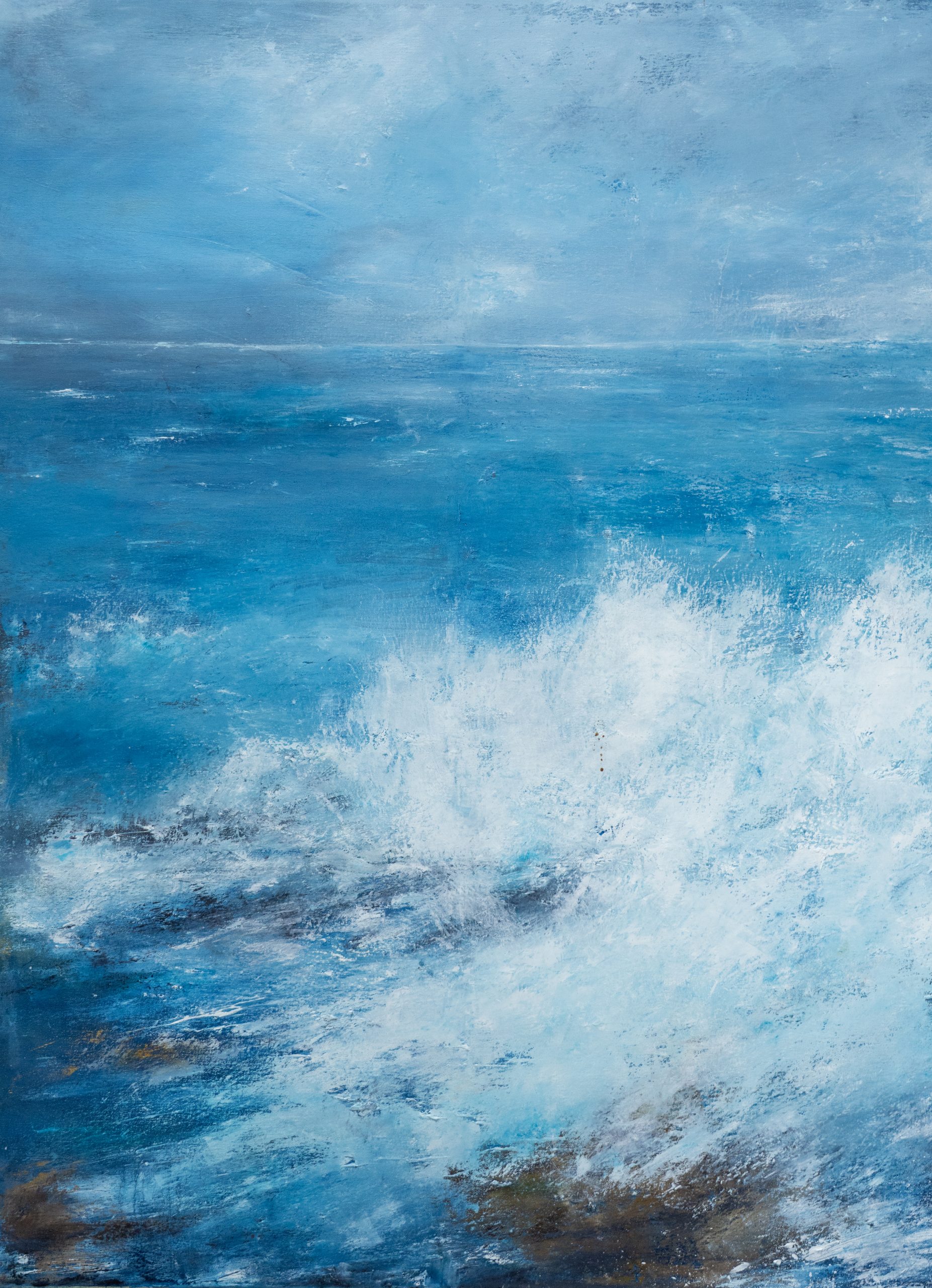September (Diptych) beautiful pair wild Atlantic Way Crashing waves beautiful oil on canvas original paintings Fiona ni Chuinn striking dramatic blues seascape Kilbaha Gallery